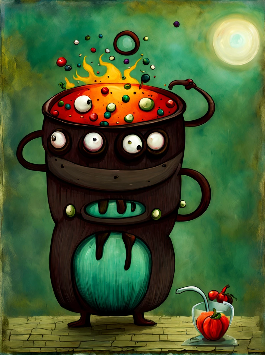 colorful soup monster, Artistically rendered, styles:by Alexander Jansson, amazingly beautiful work, Landscape characters and elements fit completely within the image frame, Detailed realization, Definition High Quality, expressive faces, Sharp eyes,(Background with:ghost house kitchen),masterpiece,cute soup monster