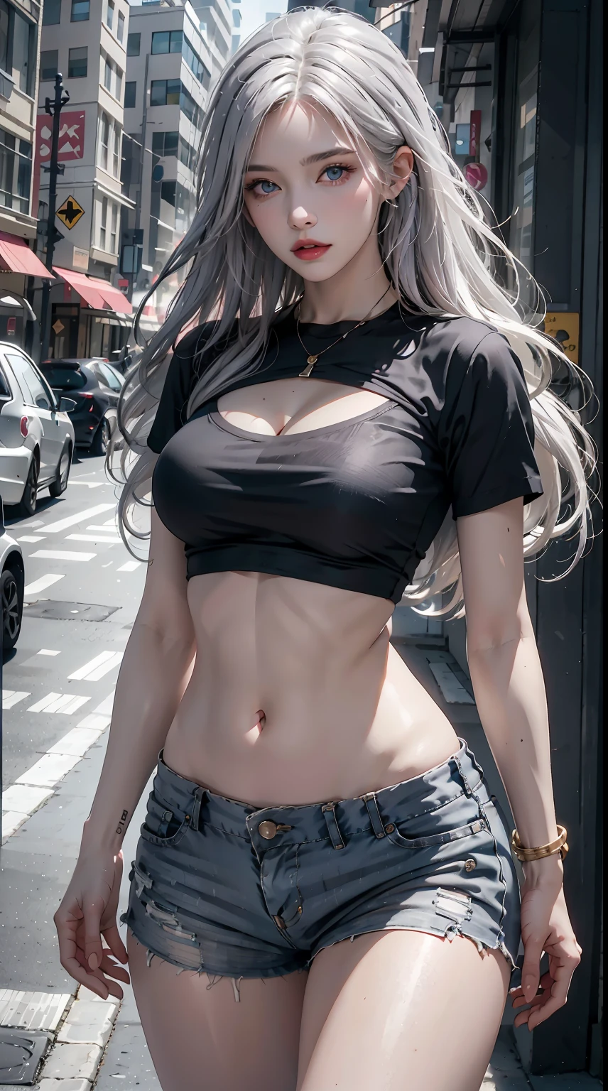 photorealistic, high resolution, 1women, shining skin, solo, jewelry, pink lips, long white hair, blue eyes, closed mouth, hips up, Grey Short Sleeves, Open Abdomen, Black Super Short, street wear