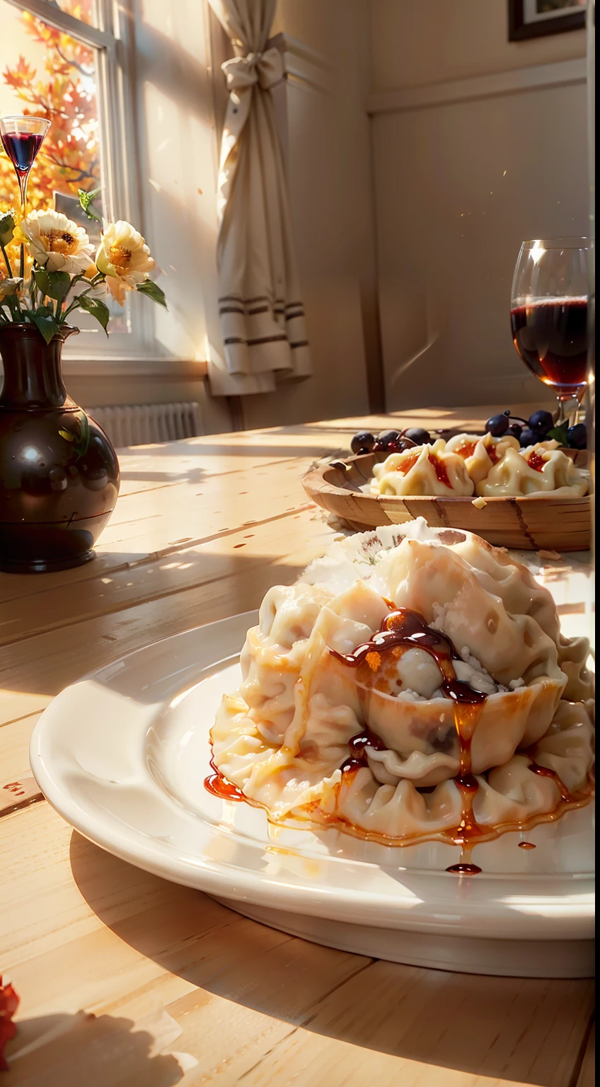 Extreme closeup，scavenging，tmasterpiece，Bar，((Dumplings on the table)), red wine，Red wine glasses，fruit platter，Beautiful classical vase with flowers，Bright natural light，It’s autumn outside the window，Translucent curtains，in a pub，c4d，Empty product display scene，Positive point of view，first person perspective