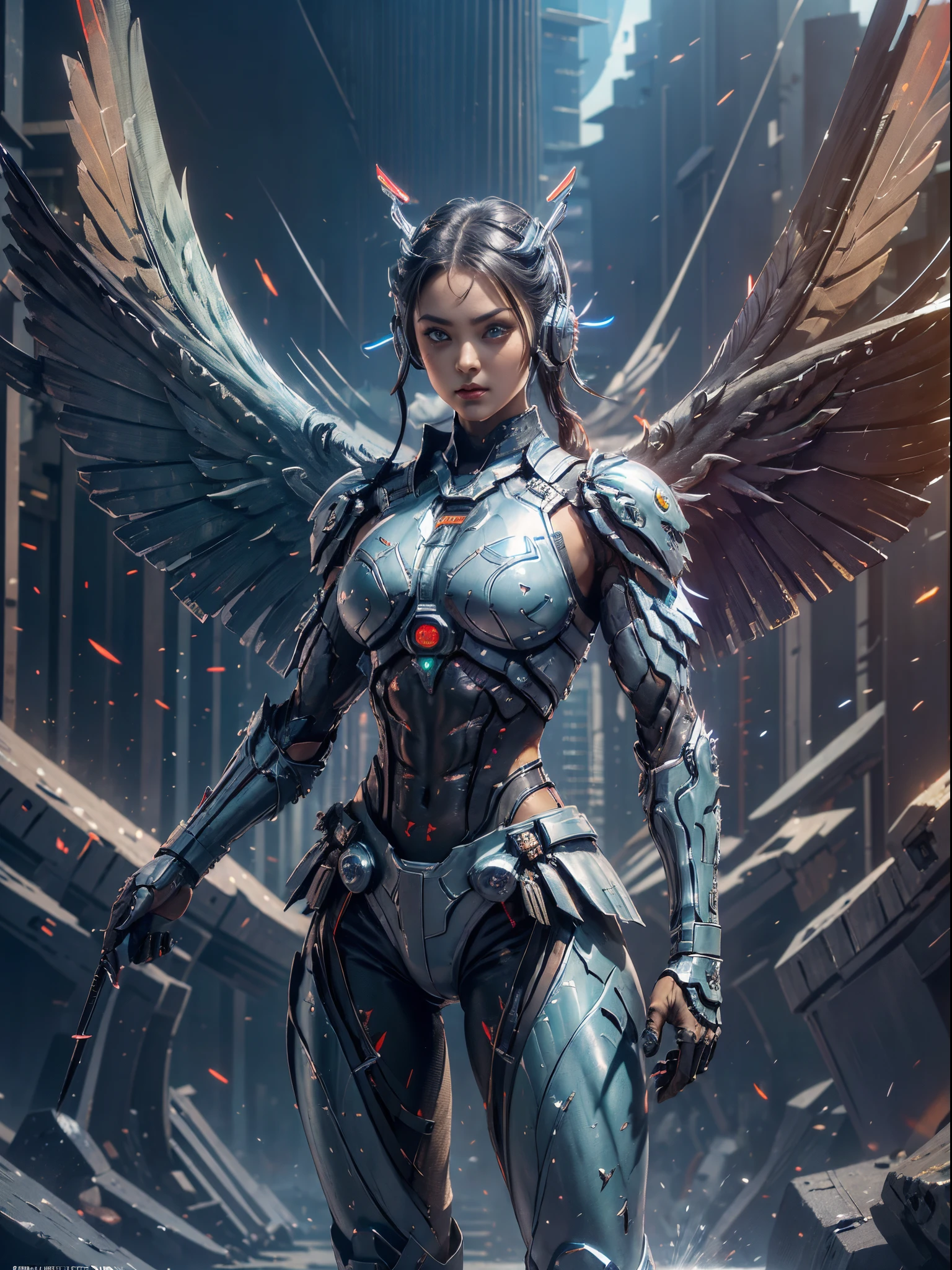 {{{{masterpiece, best quality, official art, 8k, high resolution illustration}}}}, Girl in futuristic suit holding weapon，In front of the city of gunsmoke，Gunsmoke Street，battlefiled， Real women，Real face，cute female child， The perfect cyborg girl，Wearing sci-fi headphones， Beautiful female ，beautiful girl cyborg，silber hair，robotic hand，CG，4K,dramatics，Large breasts，the night，Mechanical wings，cyber punk perssonage，（large wings：1.8), (green matric eyes:1.2), dark sclera, cross pulpils, glowing eyes, dark uniform, thick thighs, serious, long legs, adult, detail wings, (muscular girl:1.5), muscular arms, triceps, biceps, (8-pack abs:1.3), (piercing gaze:1.2), the perfect cyborg girl, overwhelming presence, warlord, humamized fighter, red antennas on head, electric eyes, claw-sharp nails, (fighter plane wings:1.6)