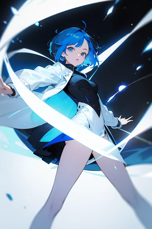 round head blue hair blue dress，Then the white coat，Short hair，Beautiful girl，The dynamic pictures with black and white backgrounds are constantly rotating, with black and white floating around them.，White pattern