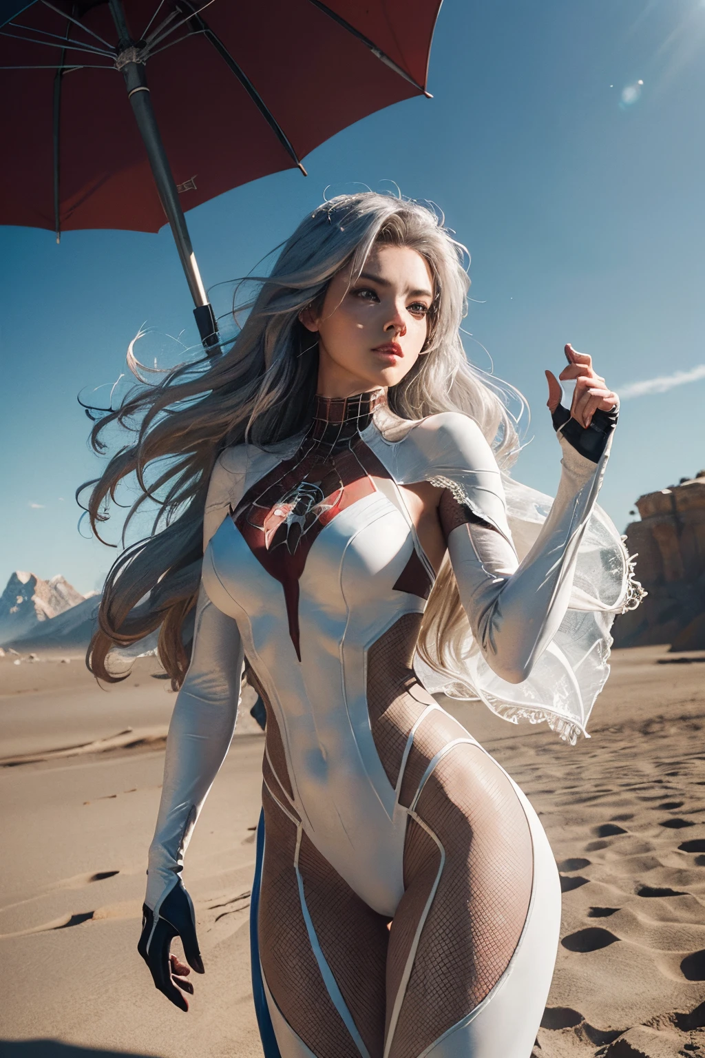 (Extreme Detail CG Unity 8K wallpaper, masterpiece, highest quality), (Exquisite lighting and shadow, highly dramatic picture, Cinematic lens effect), a girl in a white Spider-Man costume, microkini, silver gray hair color, from the Spider-Man parallel universe, Wenger, Marvel, Spider-Man, she walks in the sand, she brings a ancient umbrella, Giant Dinosaur is behind, dynamic pose), (excellent detail, excellent lighting, wide angle), (excellent rendego on desert, enough to stand out in its class), focus on white Spider-Man costumes, complex spider textures