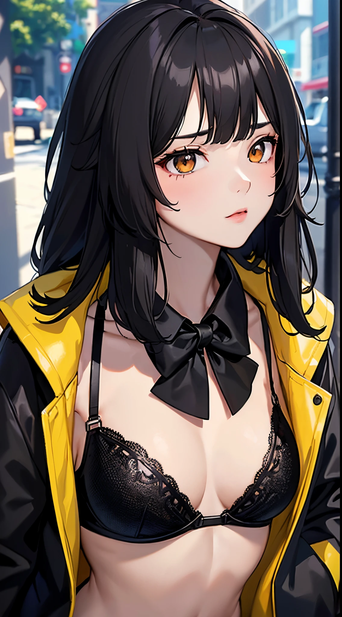 Girl with black hair, jaket, Open jacket, (((very flat chest)))、(((AAcup)))、(((Black bra)))、Look at another one, hair messy, In the street、Trending on ArtStation, 8K分辨率, Highly detailed and anatomically correct, Sharp Images, digitial painting, concept-art, trending on pixiv,