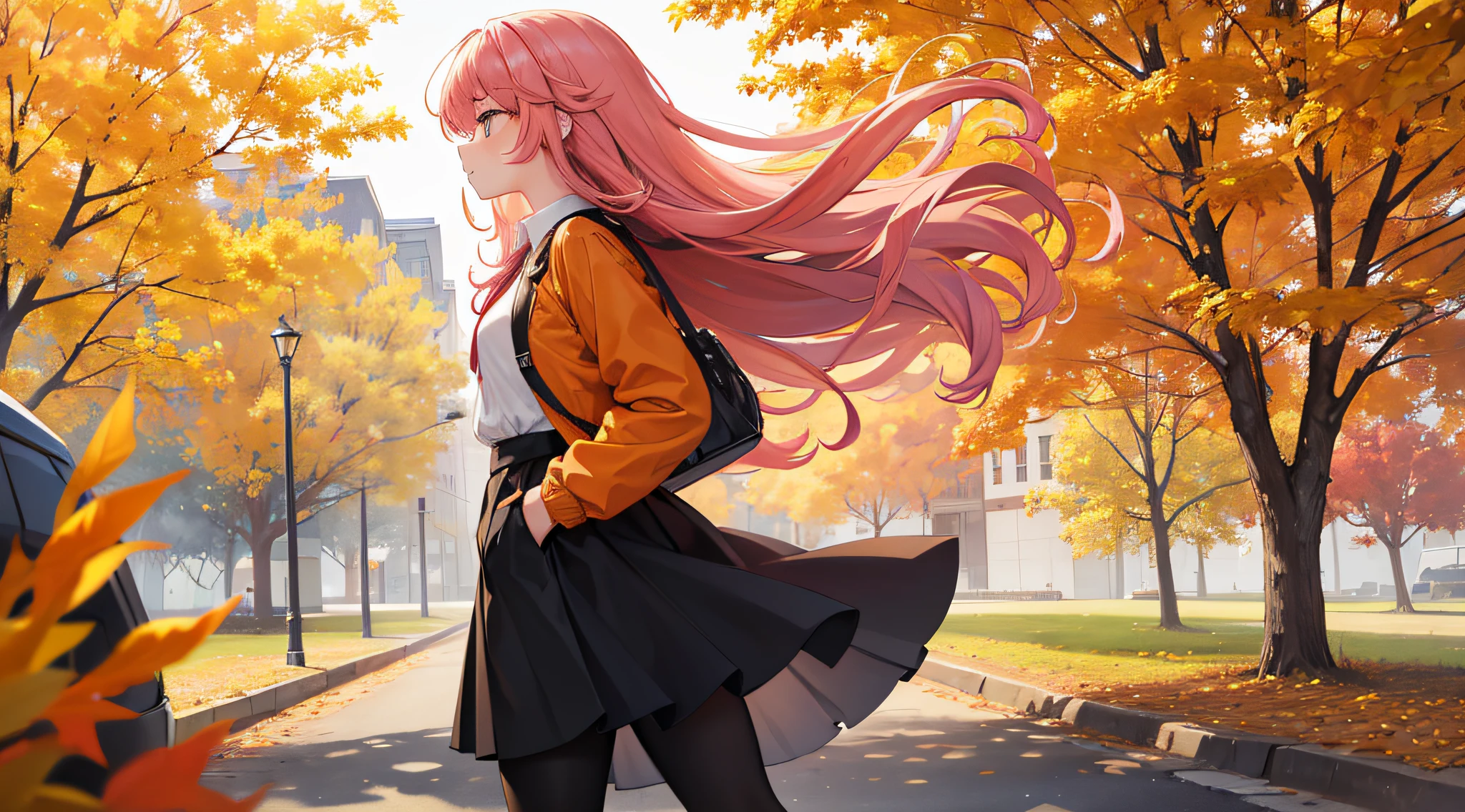 1girl, walking,facing to the side, side view, windy, leaves in the wind, autumn, orange jacket, black skirt, white button up, leggings, long hair, pink hair, curly hair, absurdres, high res, ultrasharp, 8k, masterpiece