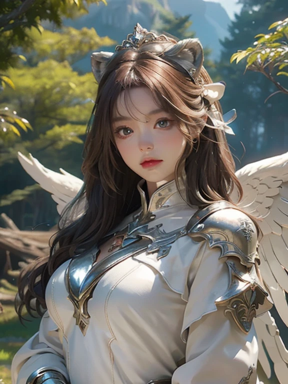 1girl in, single, Informal art, Unity 8K Wall Paper, ultra-detail, Butifly、aesthetic, master-piece, 最高品質, real light, Young angel in her 20s、3 pairs of large wings、3 pairs of large white wings on the back,,,,:2.0、powerful wings、angel、Silver armor covered the entire body.:2.0、Medieval knight's armor、silver gloves、Silver Sollet、lion symbol、Hair accessory with small wings、Ornately decorated spear、big weapon、Circle of angels glowing、Halo Angel:2.0、Light Magic、deep depth of field, Wonderful atmosphere., Calm color palette, Soft shading、You can see the forest in the distance.、Agents、Full body like、plump、The breast is very large.、wide waist、You can see the castle on the mountain in the distance.、Sky Garden