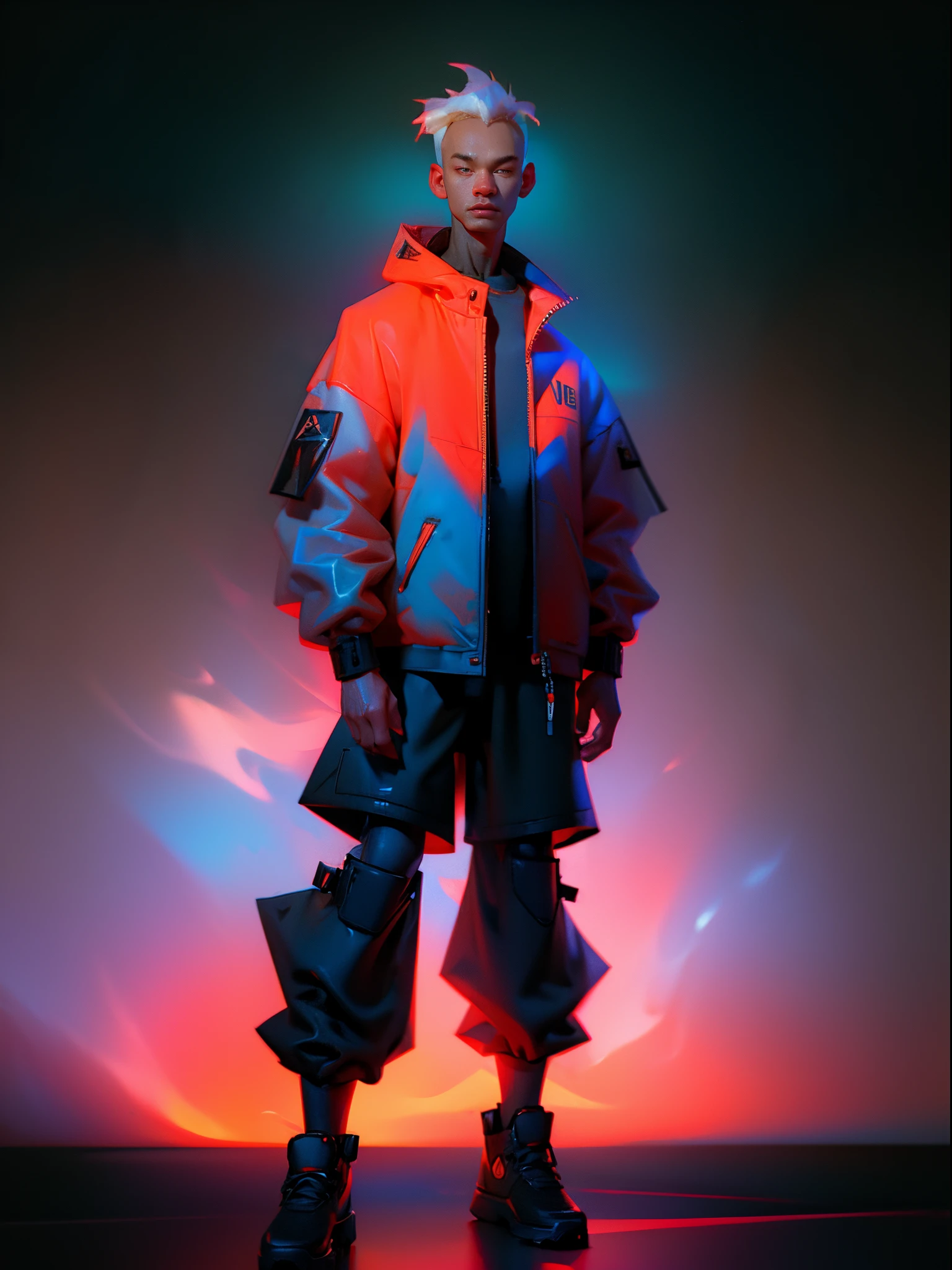 man wearing acronym clothes, abstract, tech wear, street wear, street photography, oil paintings, ultra-high detailed, 8k, colorful background, fog, mist, long exposure, lens flare