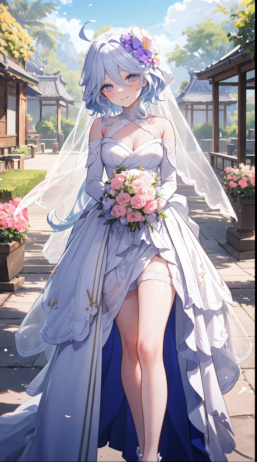 Furina Focalers | genshin impact, master-piece, bestquality, 1girls,25 years old, proportional body, proportional., Wedding Dresses, White Wedding Dress, Long skirt, wedding, ,bara, Standing in the middle of a flower garden, outdoor, wedding, The sky is beautiful, In a paradise of love and happiness..........................................................................., The bride wears a Japanese dress and a seductive smile..........................................................................., The passage of time stops at theirs..........................................................................., On this wedding day of love and happiness..........................................................................., Bright and beautiful flowers, Holding it in her hands symbolizes the envelopment of love..........................................................................., Love and friendship through the transmission of flowers, In a paradise of love and happiness..........................................................................., A bride in a yukata wearing a masika..........................................................................., It is a form of beauty and elegance..........................................................................., Show your spouse your heart.........................................................................., In a paradise of love and happiness..........................................................................., Kochikugisa is the tree of new beginnings..........................................................................., And their love and affection........................................................................, And suck a lot of love..........................................................................., Flowers represent love and peace..........................................................................., In a paradise of love and happiness..........................................................................., View viewers from the front., Thigh strap, Head tilt, bored, 10, 10, HD, slight smile,