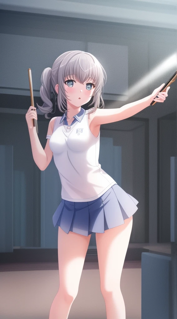 1 busty girl, 独奏, Ao Yurina,Charlotte,White polo shirt, White sneakers, tennis wear, white mini-skirt, tmasterpiece, Best quality at best, realistically, ultra - detailed, (shiny skins, perspired:1.4), Huang Li, looking at viewert, Gray hair, blue color eyes,slenderness,Dynamic light and shadow,A high resolution,Focus sharp,depth of fields,The eyes are delicate,Sharp pupils,student reality,(Small under breasts:1.6),(Thigh thick:1.0),luring,sky sky