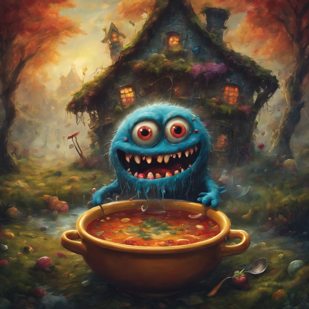 colorful soup monster, Artistically rendered, styles:by Alexander Jansson, amazingly beautiful work, Landscape characters and elements fit completely within the image frame, Detailed realization, Definition High Quality, expressive faces, Sharp eyes,(Background with:ghost house kitchen),​masterpiece,cute soup monster
