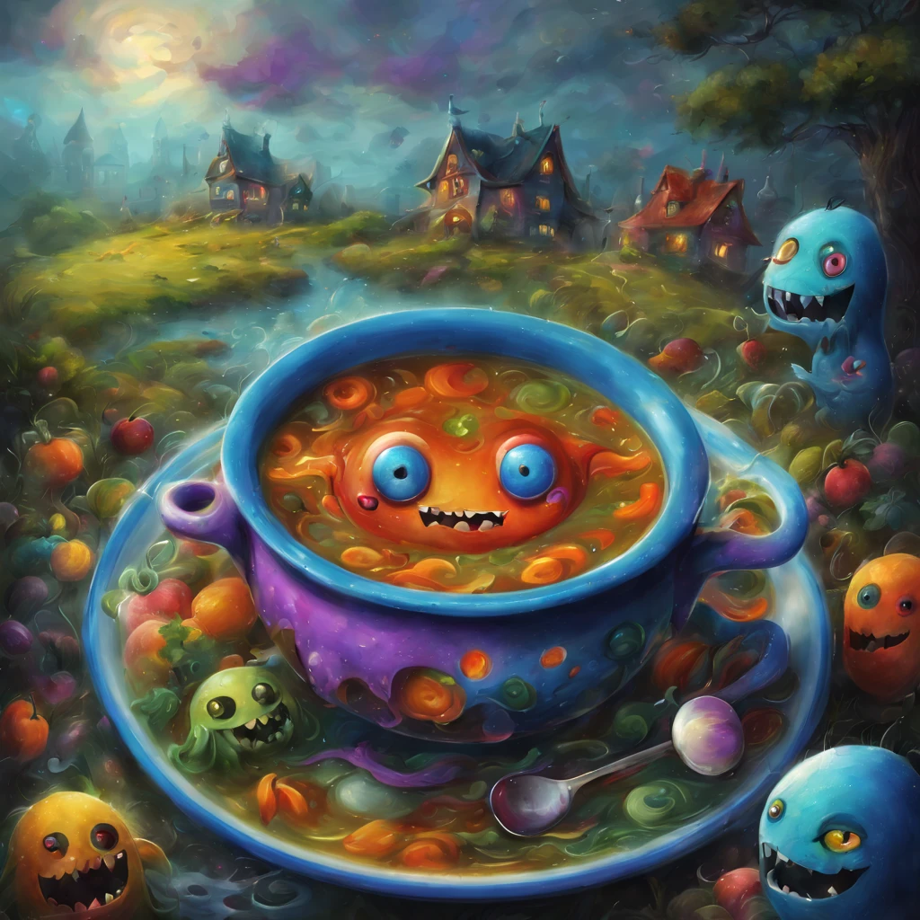 colorful soup monster, Artistically rendered, styles:by Alexander Jansson, amazingly beautiful work, Landscape characters and elements fit completely within the image frame, Detailed realization, Definition High Quality, expressive faces, Sharp eyes,(Background with:ghost house kitchen),​masterpiece,cute soup monster