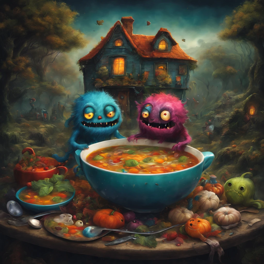 colorful soup monster, Artistically rendered, styles:by Alexander Jansson, amazingly beautiful work, Landscape characters and elements fit completely within the image frame, Detailed realization, Definition High Quality, expressive faces, Sharp eyes,(Background with:ghost house kitchen),​masterpiece,cute soup monster