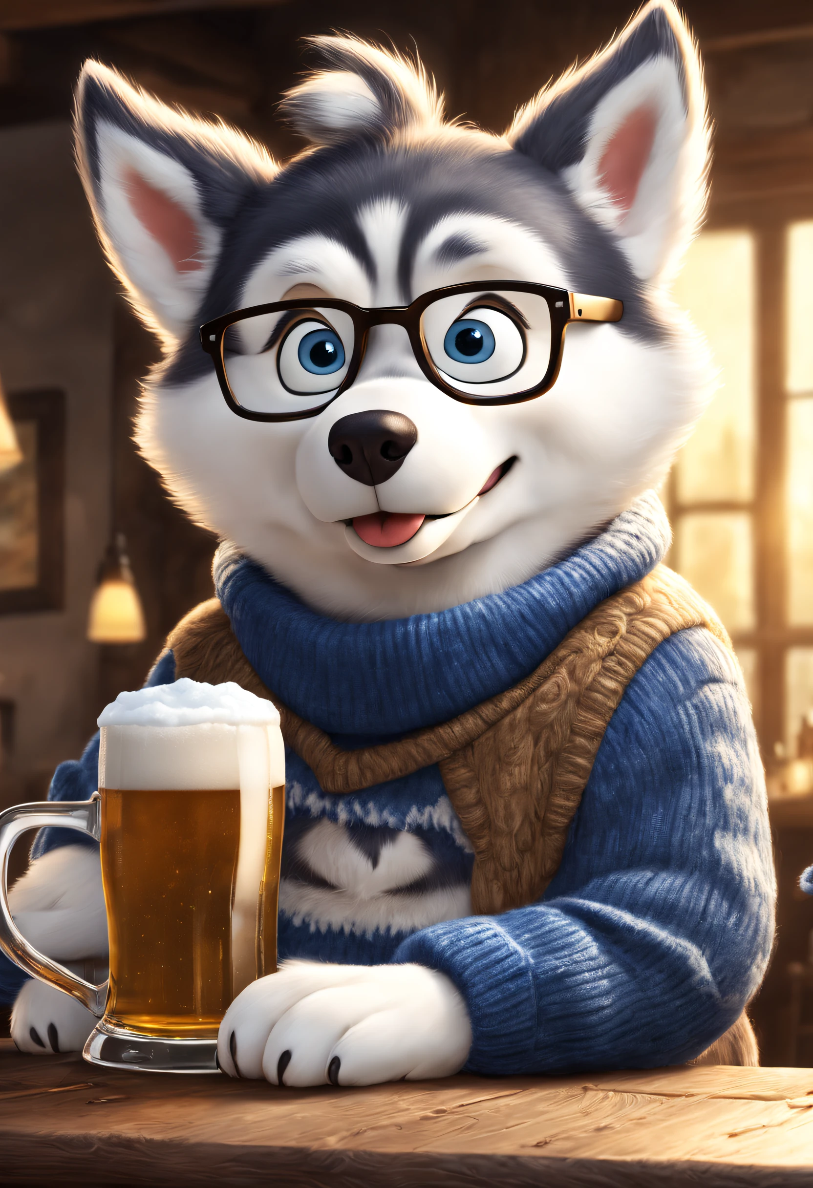 Cute husky dog grandpa wearing blue sweater is drinking beer，Foam rising from beer glass，Wearing reading glasses，3 Rendering, Focus sharp, ultra-realistic realism, Fluffy, fantasy engine, 5 quality rendering, 3 Rendering, furry art,Brand advertising, Creative poster,Produced by Pixar，