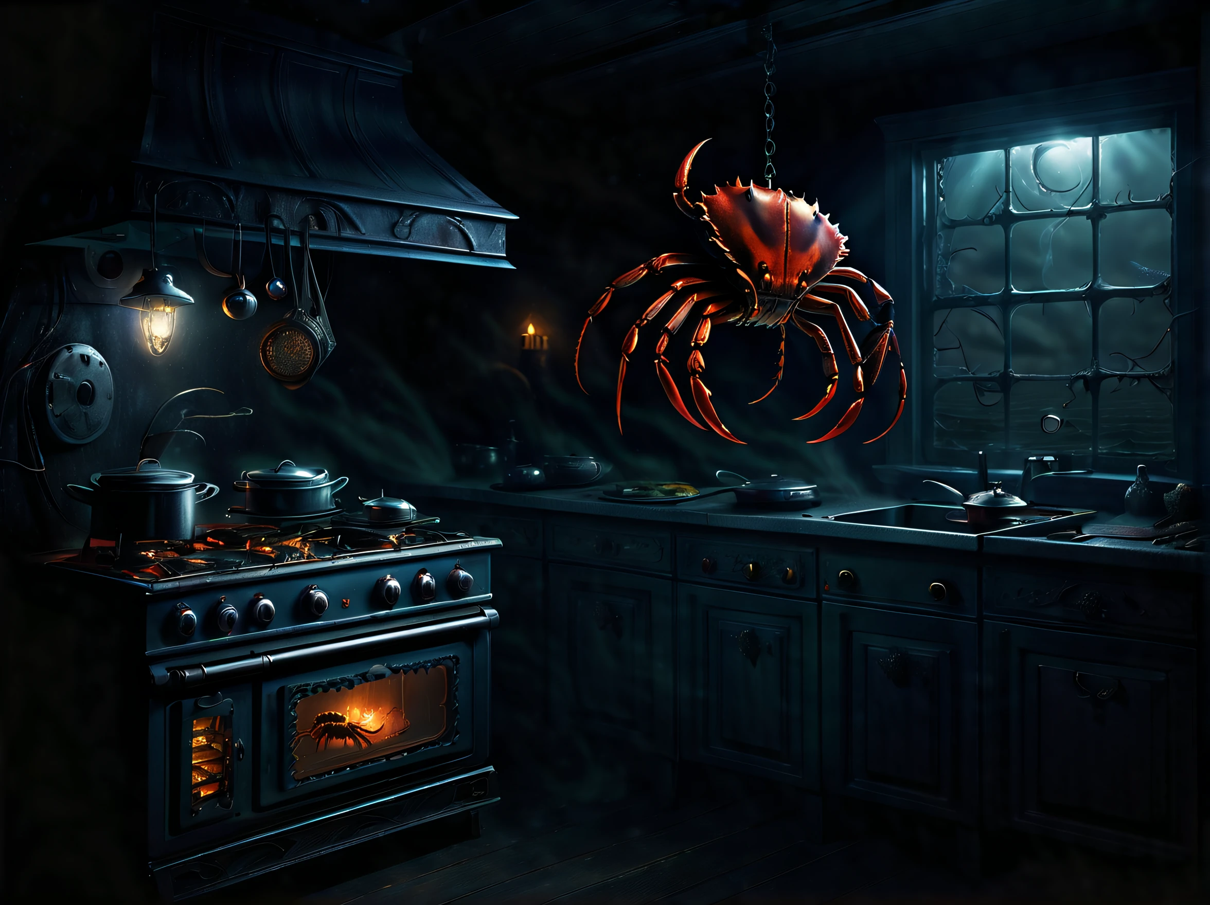 stunning spooky_kitchen illustration of a creepy_crab_appliances, masterful use of lighting to enhance the eerie atmosphere of the deep sea, essence of the deep sea's darkness and terror, capturing every minute detail rendering, highly detailed and expertly rendered image, intricate details, super detail, ultra detail, focus on amplifying the intricacy and realism, steam smoke with dark fantasy style, highlighted by stunning floral elements, breathtaking stunning touch, beautiful electric shock background be wrapped in, ((creepy_atmosphere amplification:1.2)), in the style of dark fantasy,