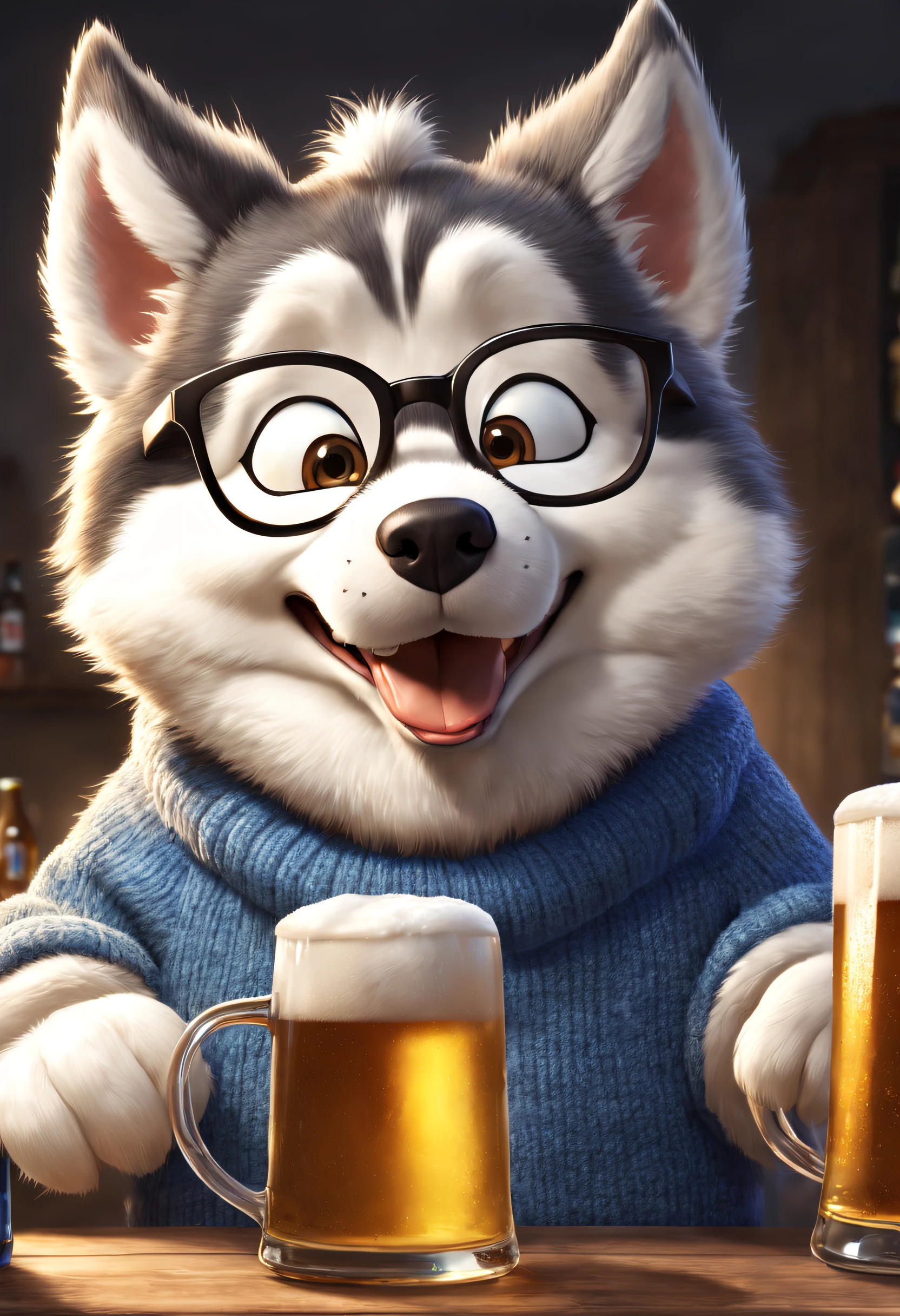 Cute husky dog grandpa wearing blue sweater is drinking beer,Foam rising from beer glass,Wearing reading glasses,3 Rendering, Focus sharp, ultra-realistic realism, Fluffy, fantasy engine, 5 quality rendering, 3 Rendering, furry art,Brand advertising, Creative poster,Produced by Pixar,
