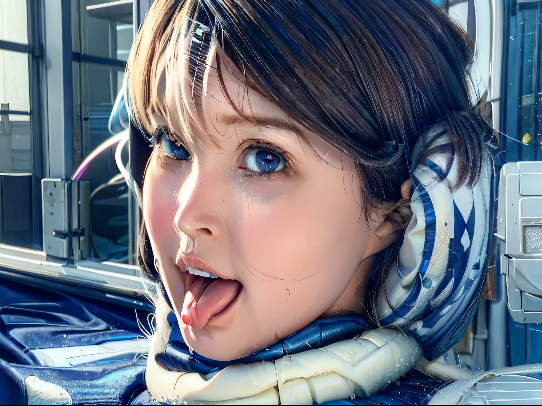 (masterpiece), realistic, cinematic light,15 year old girl, ride on a waterslide with a giant stuffed crab, splash, at Disneyland, ultra miniskirt, full body, from below and side, beautiful eyes, silver hair, perfect anatomy, very cute, (blue eyes), bio luminescent, 8 class large, 8K, human hands, character sheets, concept-art, smooth and detailed hairstyle, Fractal art, god rays, eyes shed tears while holding back the pain, open mouth and stick your tongue out, UFO, rainbows, naked
