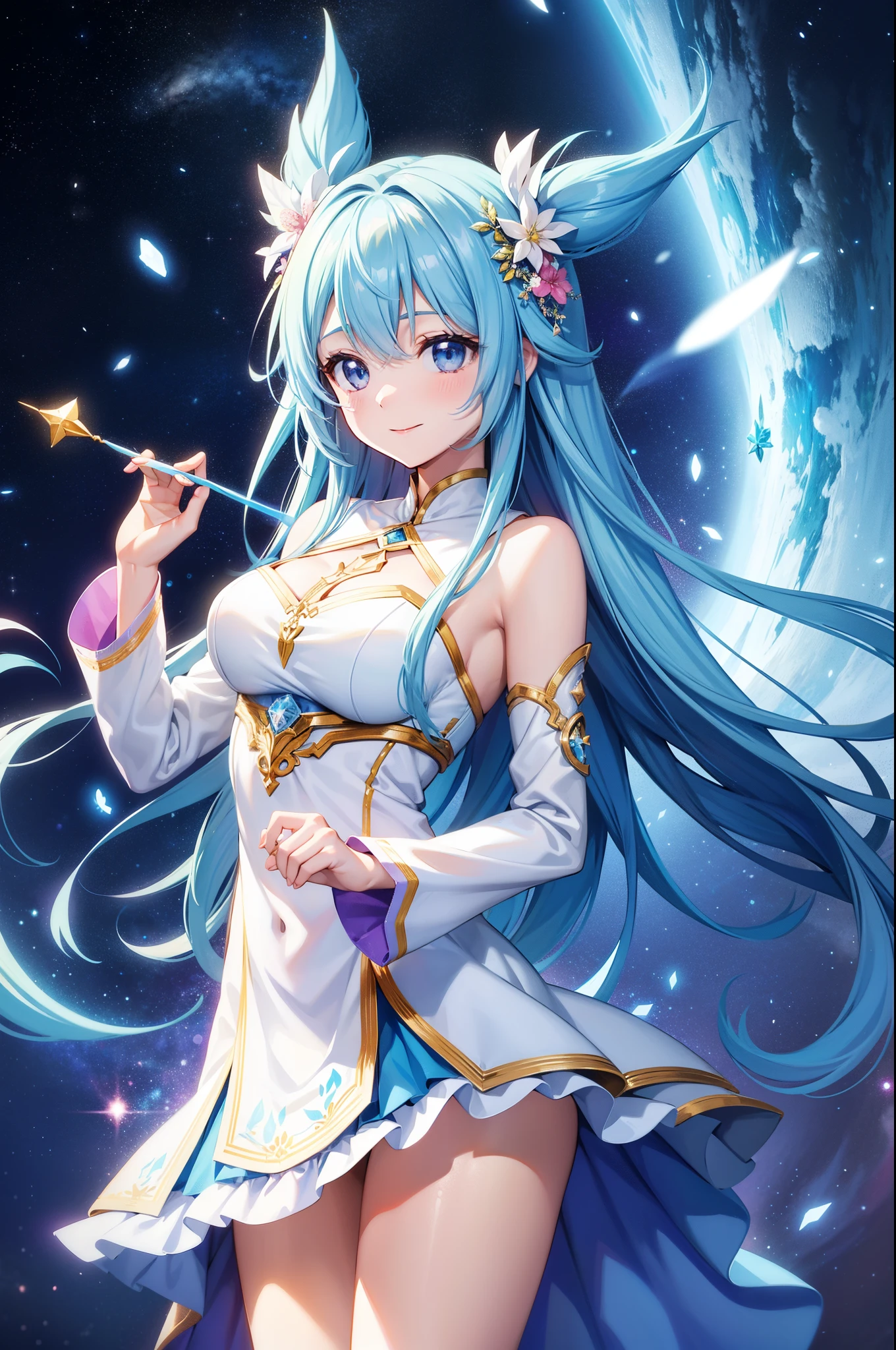 In the middle of the universe, Goddess who travels through space,Gorgeous. she lit the way with energy, Light blue long hair、Twin-tailed、adorable smiling、her beauty brightens everything around her. Stars, All the beauty of the galaxy and the universe is around her. She is wearing a beautiful white and pink fabric,The embroidery is amazing, Her endless sky blue hair seemed to fly behind her.. crystal light shines。Fanciful