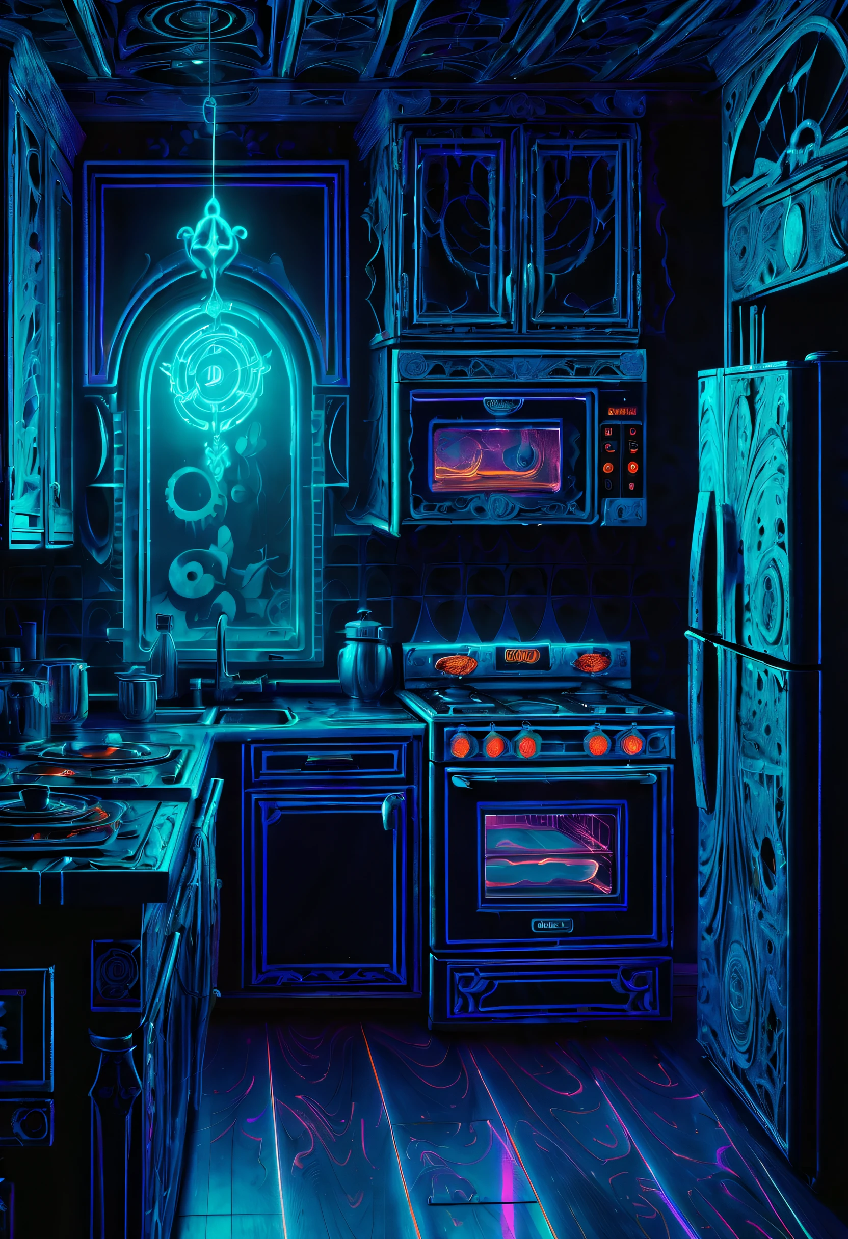 (((neon psychedelic cybernetics spooky_kitchen_appliances illustration:1.3))), (((creepy_appliances_graphic_interface:1.3))), intricate insane details, extremely intricate detailed, ((creepy_atmosphere amplification:1.2)), extremely intricate detail of stunning render, incredible mystical high resolution, exquisitely crisp details, intricate details meticulously, painting is incredibly detailed, dark cyan blue and dark metallic_texture, goth kitchen, rococo wall,