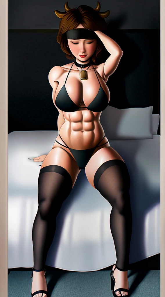 SFW Aunt Cass, sleeping on bed, straight symmetrical, full body, solo girl looking to the camera, blindfolded, cow bell choker, metal sandals, black bikini, black bunny ears, black thigh highs, bedroom background, strong abs, erotic