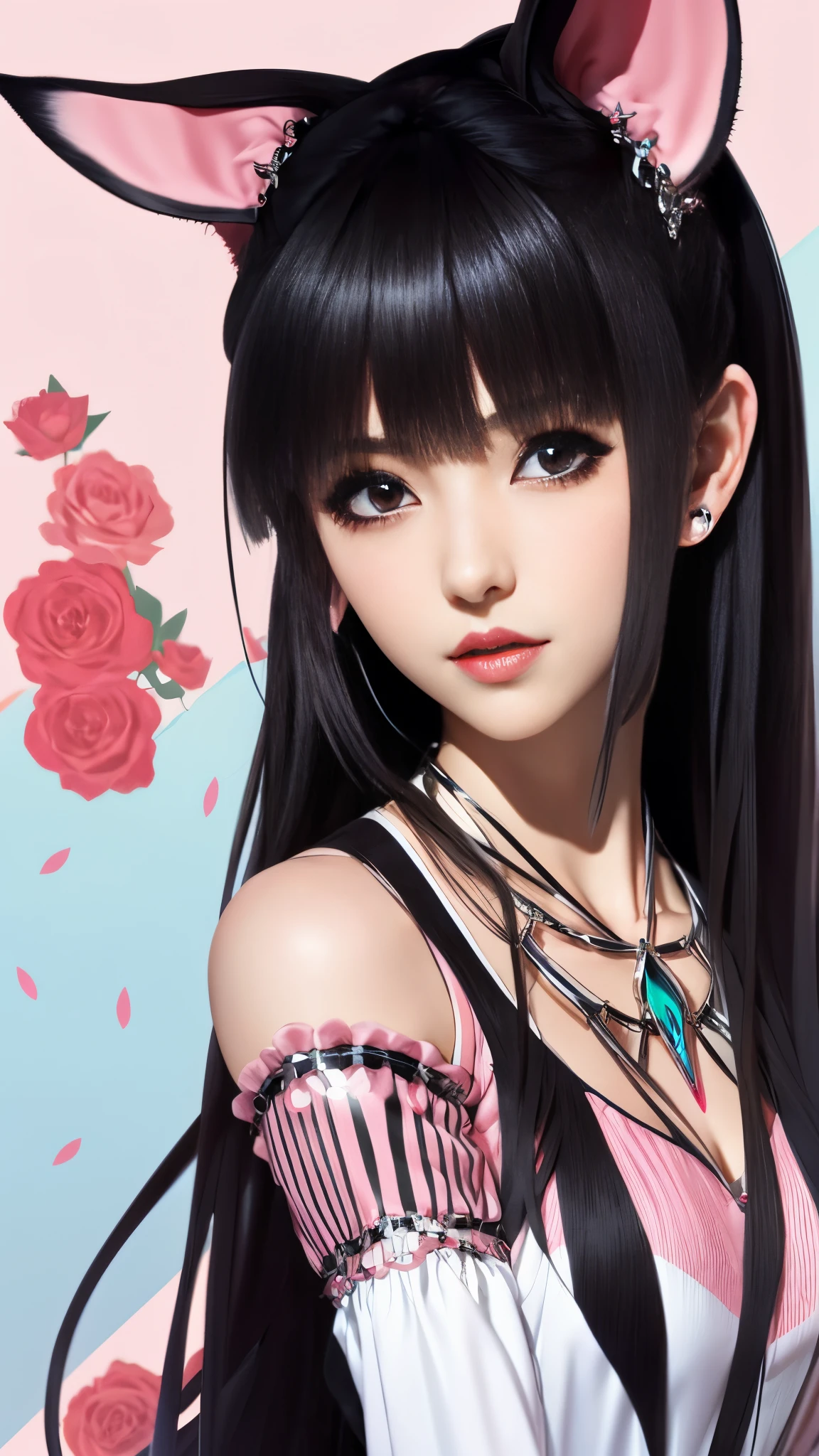 anime girl pink and black hair with ears and tail