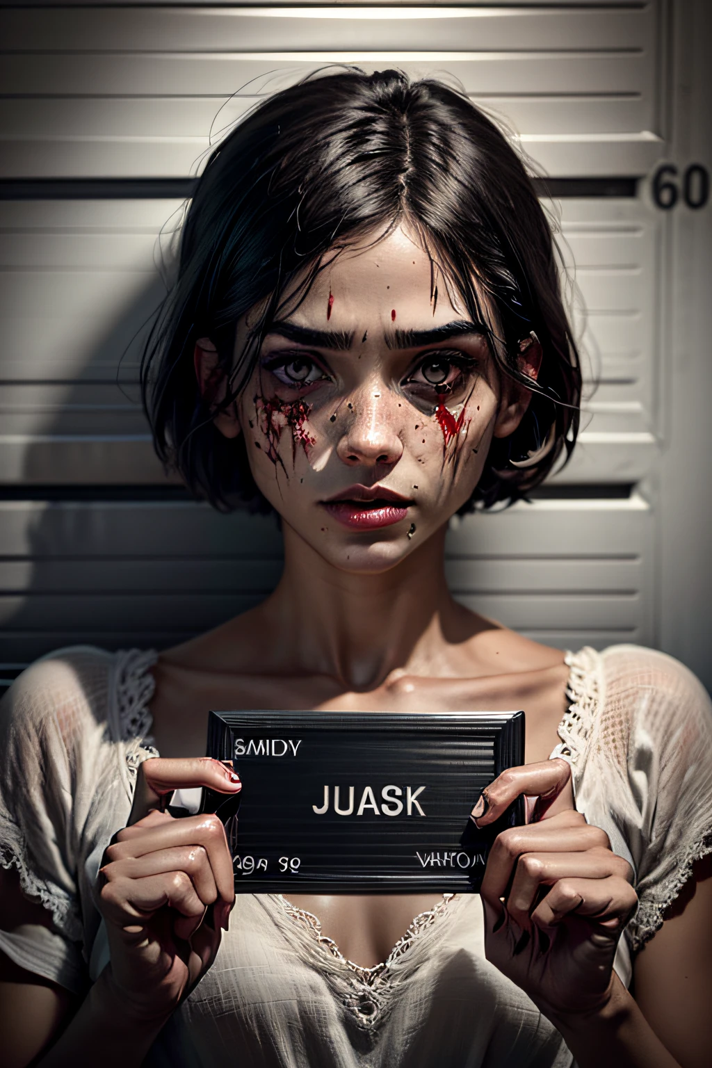 corpse, sinister, female, thin, pale, looking at the camera, ultra realistic, fully detailed, cemetery environment, bright eyes, white dress torn and stained with blood, bones exposed, putrid wounds, sensual, terrifying, bruised by the body, exposed fracture in the collarbone, slight smile, super detailed, black short hair, wounds, blood, mug shot,