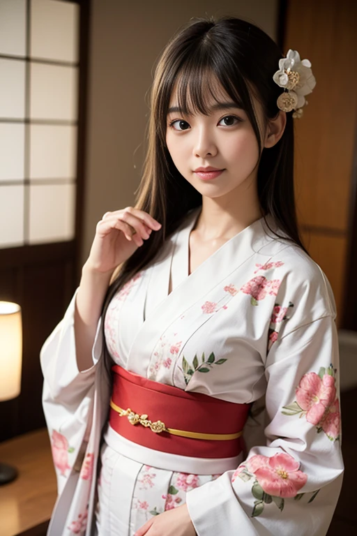 (masutepiece, Best Quality:1.4), Beautiful face, 8K, 85 mm, absurderes, ((FULL BODYSHOT:1.3))、((Japanese style room with futon))、(Floral pattern long-sleeved kimono:1.4), violaceaess, gardeniass, Delicate girl, Solo, Long bob hair、Night, Looking at Viewer, Upper body, Film grain, chromatic abberation, Sharp Focus, face lights, Professional Lighting, Sophisticated, (Smile:0.4), (Simple background, Bokeh background:1.2), Detail Face