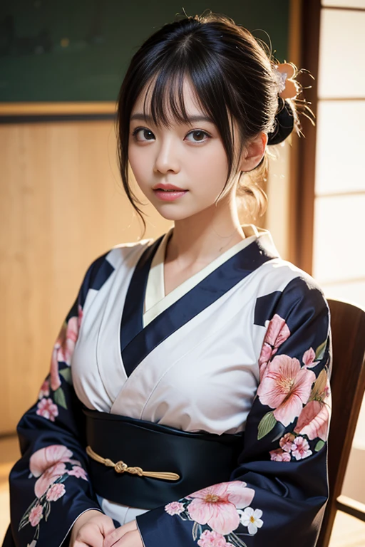 (One Girl), exremely cute face, Great face and eyes, (Highly detailed eyes, Highly detailed face), Fresh, Very beautiful appearance, (超Realistic, High resolution), (highest quality:1.4), RAW Photos, (Realistic, Photorealistic:1.37), Professional photography, (Pale pink floral yukata:1.5), (Open yukata), (Chest puffs:1.2), (Exposing shoulders), smile, (Look at me), Bedroom, (Bedroomは真っ暗だ:1.6), Portrait of a Girl,