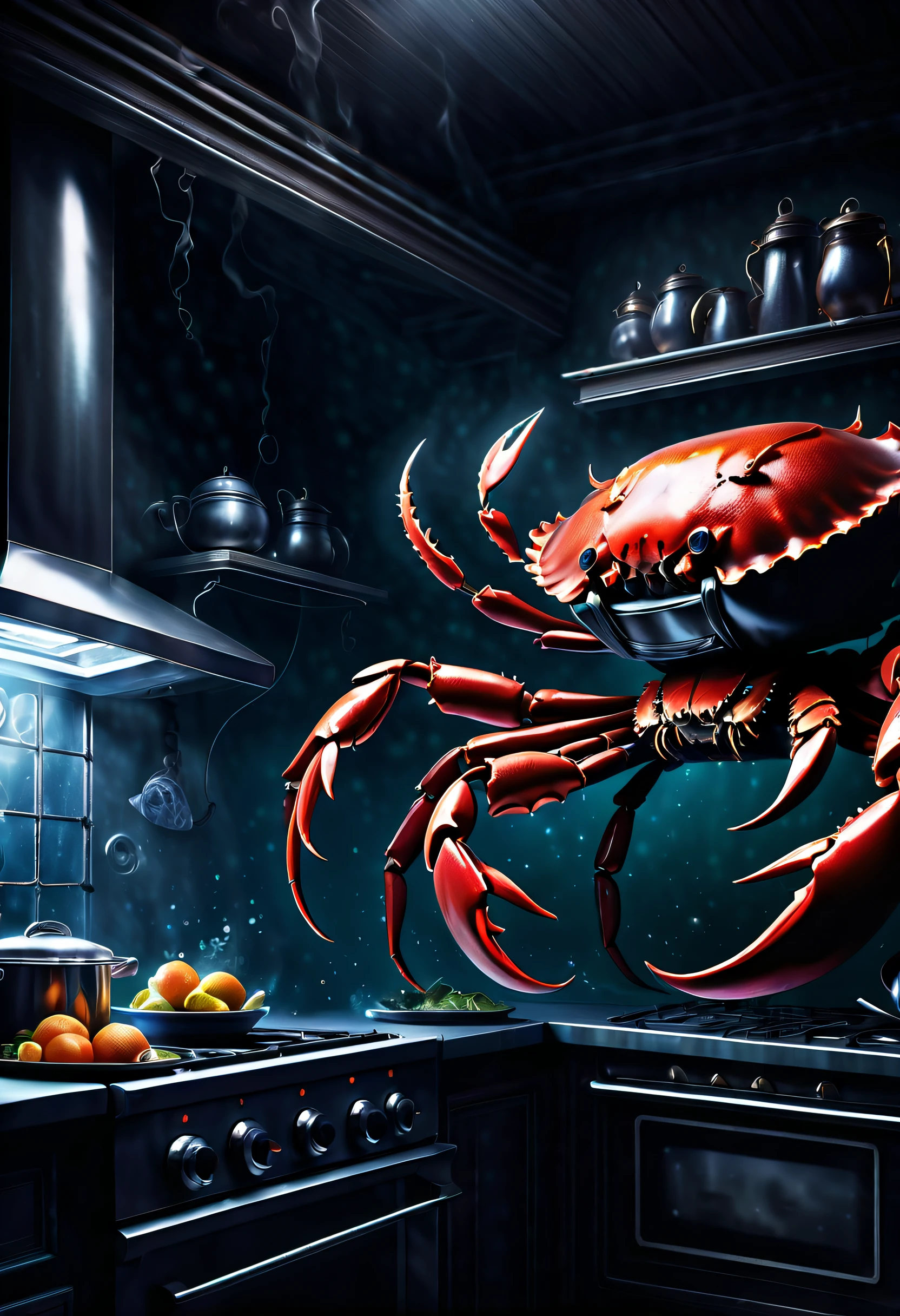 stunning spooky_kitchen illustration of a giant crab appliances, masterful use of lighting to enhance the eerie atmosphere of the deep sea, essence of the deep sea's darkness and terror, capturing every minute detail rendering, highly detailed and expertly rendered image, intricate details, super detail, ultra detail, focus on amplifying the intricacy and realism,  steam smoke with dark fantasy style, highlighted by stunning floral elements, breathtaking stunning touch, beautiful electric shock background be wrapped in,