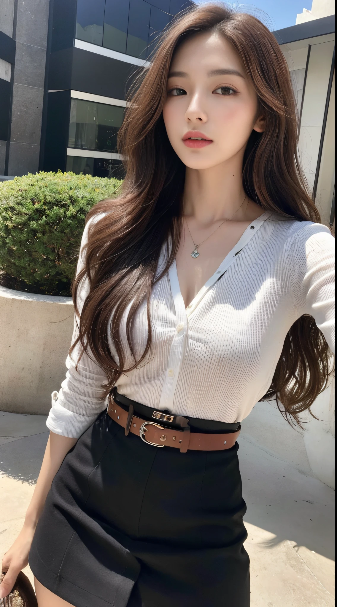 (Best quality, High resolution, Masterpiece :1.3), A tall and pretty woman, Slender abs, Dark brown hair styled in loose waves, Breasts, Wearing pendant, White button up shirt, Belt, Black skirt, (Modern architecture in background), Details exquisitely rendered in the face and skin texture, Detailed eyes, Double eyelid