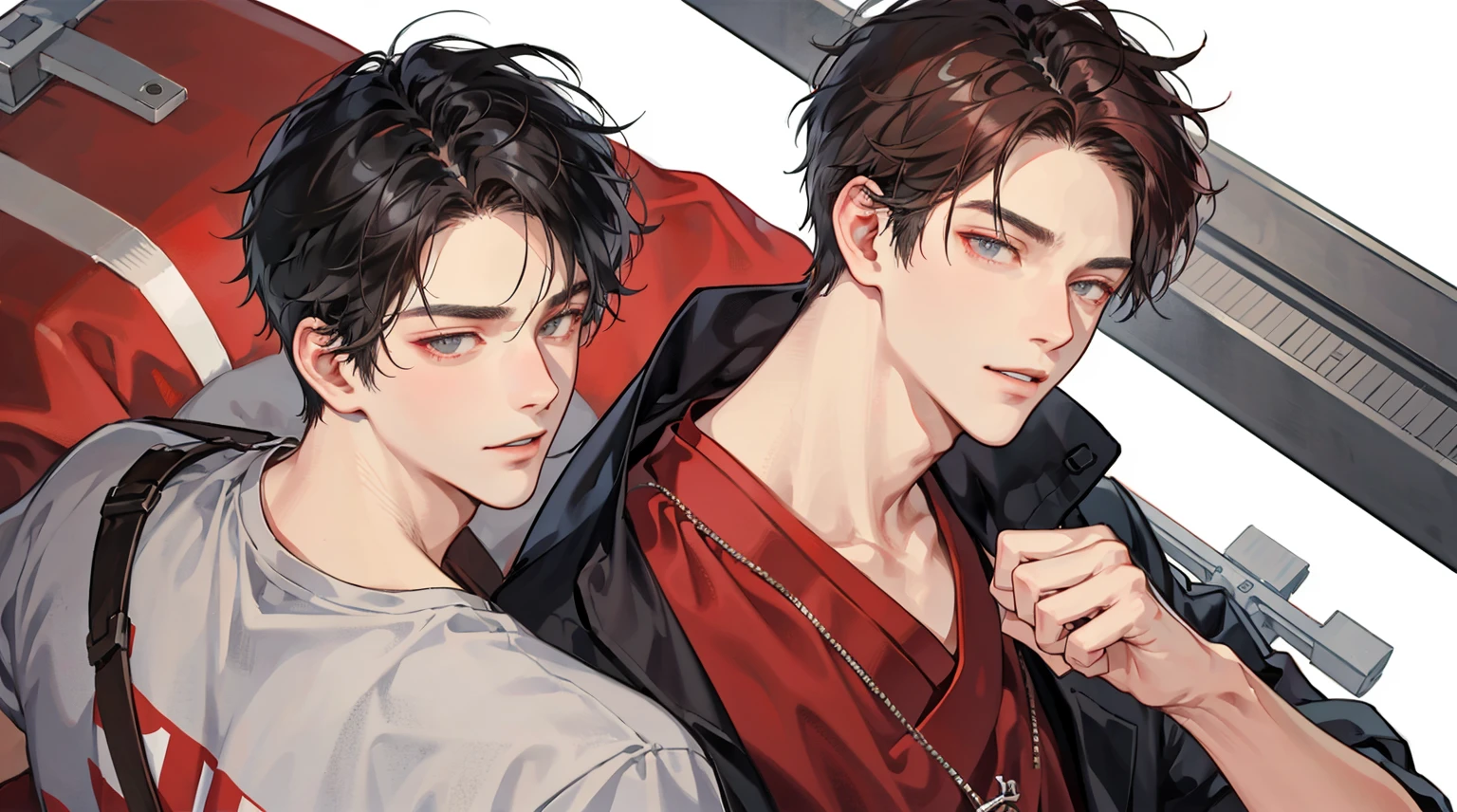 official art, work in progress, close up, up close, head shot, simple coloring, (handsome korean man), (korean man), youthful face, clean-shaven face, Delicate and beautiful hair and eyes and face, handsome man, college, campus, lean, muscular, broad shoulders, smirking, tousled hair, short hair, dynamic hair, jet black hair, glow grey eyes, (grey t-shirt, red coat, black trousers), brown skin, 1man