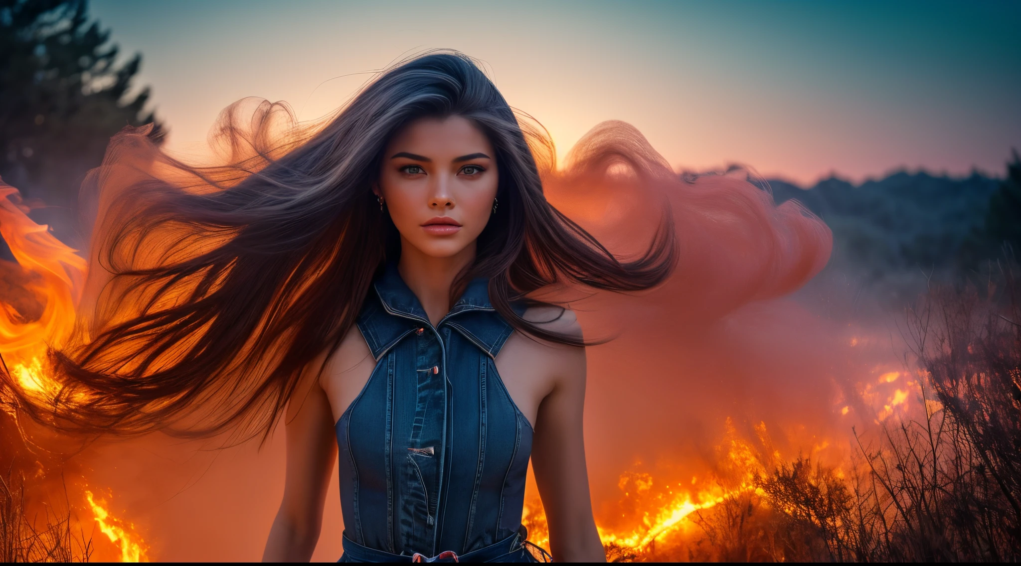 Maximum Extreme Hyper realistic, Maximum Extreme Hyper Detailed, Hyper-Sharp Extreme Maximum, Hyper-Sharp Extreme Maximum, Extreme maximum close-up, frente frontal, corpo inteiro, retrato, Thylane Blondeau linda mulher, (((Bom modelo, com longos cabelos negros e ultra detalhados, com olhos azuis, vestido com uma jaqueta vermelha gradiente e blusa branca estampada com letras japonesas, jeans,))))((((ultra realista 8k, super detalhe), Post-processing, (Arte Splash), Perspectivas exageradas, cores naturais, (Colorido e altamente detalhado )))) , camera with multiple movement angles, fogo glamoroso, swirl of red smoke and glowing particles, Low neon effects, nuances prateadas e pretas, ultra detailed 8k video, HDR, imagens complexas, give me the best image and motion experience, Perspectivas exageradas, cores naturais, (Colorido e altamente detalhado )))) in the middle of a forest at night running away, camera with multiple movement angles, fogo glamoroso, swirl of red smoke and glowing particles, Low neon effects, nuances prateadas e pretas, ultra detailed 8k video, HDR, imagens complexas, give me the best image and motion experience