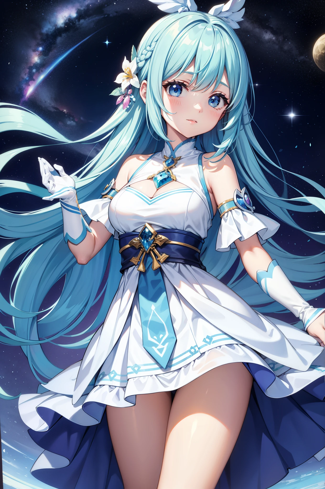 ((ultra detail game CG)), ((ultra detail background)), ((ultra detail satin clothes)), ((ultra detail clothes)), ((best quality)), ((masterpiece)), ((ultra detail satin shading)), ((14 years old)), ((blue magical girl)), (sky blue satin dress), (blue long hair, blue eyes), ((white satin long gloves, white satin knee socks, sky blue garter belt)), ((night sky, galaxy)), (clear oil coating sky blue satin dress, clear oil coating white satin long gloves, clear oil coating white satin knee socks), solo, oily clothes, standing, (blushed, ashamed, sweating)