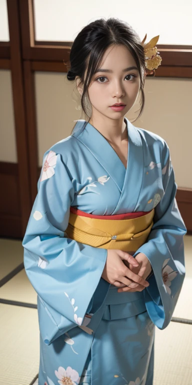 (masutepiece, Best Quality:1.4), Beautiful face, 8K, 85 mm, absurderes, ((FULL BODYSHOT:1.3))、((traditional Japanese room、With futon))、(Floral pattern long-sleeved kimono:1.4), violaceaess, gardeniass, Delicate girl, Solo, Variety of hairstyles、Night, Looking at Viewer, Upper body, Film grain, chromatic abberation, Sharp Focus, face lights, Professional Lighting, Sophisticated, (Smile:0.4), (Simple background, Bokeh background:1.2), Detail Face