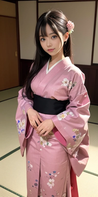 (masutepiece, Best Quality:1.4), Beautiful face, 8K, 85 mm, absurderes, ((FULL BODYSHOT:1.3))、((traditional Japanese room、With futon))、(Floral pattern long-sleeved kimono:1.4), violaceaess, gardeniass, Delicate girl, Solo, Variety of hairstyles、Night, Looking at Viewer, Upper body, Film grain, chromatic abberation, Sharp Focus, face lights, Professional Lighting, Sophisticated, (Smile:0.4), (Simple background, Bokeh background:1.2), Detail Face