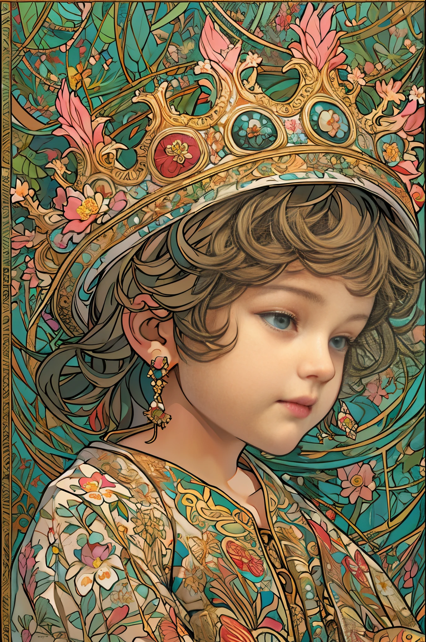 paint a decorative painting，little prince wearing a crown，3 years old boy，Childish face，Bright and harmonious colors，（Decorative painting：1.6），dressed in：Exquisite noble robe，Elaborate Eyes，delicated face，Big breasts, big breasts，Delicate earrings，simple backgound，Lots of flowers around，flowers blooming，A sea of flowers，（tangled，datura，Tangles，entangled）， (s fractal art: 1.3)，simple backgound，Upper part of the body，