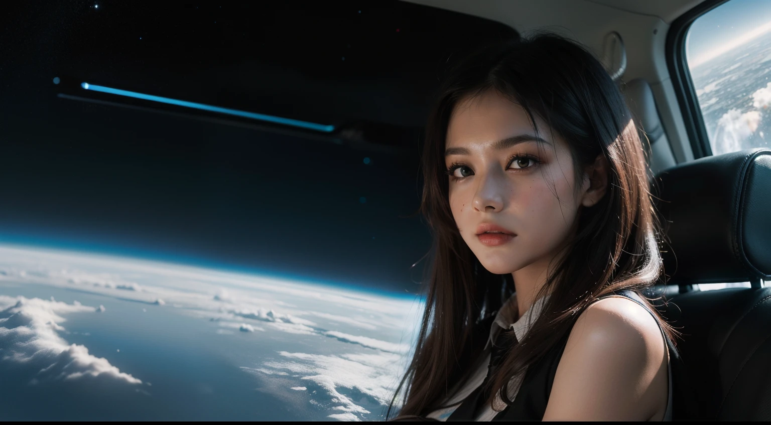 tmasterpiece, Best quality at best, A high resolution，sci-fy，Wallpapers，epcot，cyber punk style，vehicle，Technological equipment，extreme light，laser，Technological equipment，big vista，large scene，perfect light，Perfect lighting effects，full bodyesbian，Perfect facial details，Perfect skin texture，schoolgirls，kosmos，space