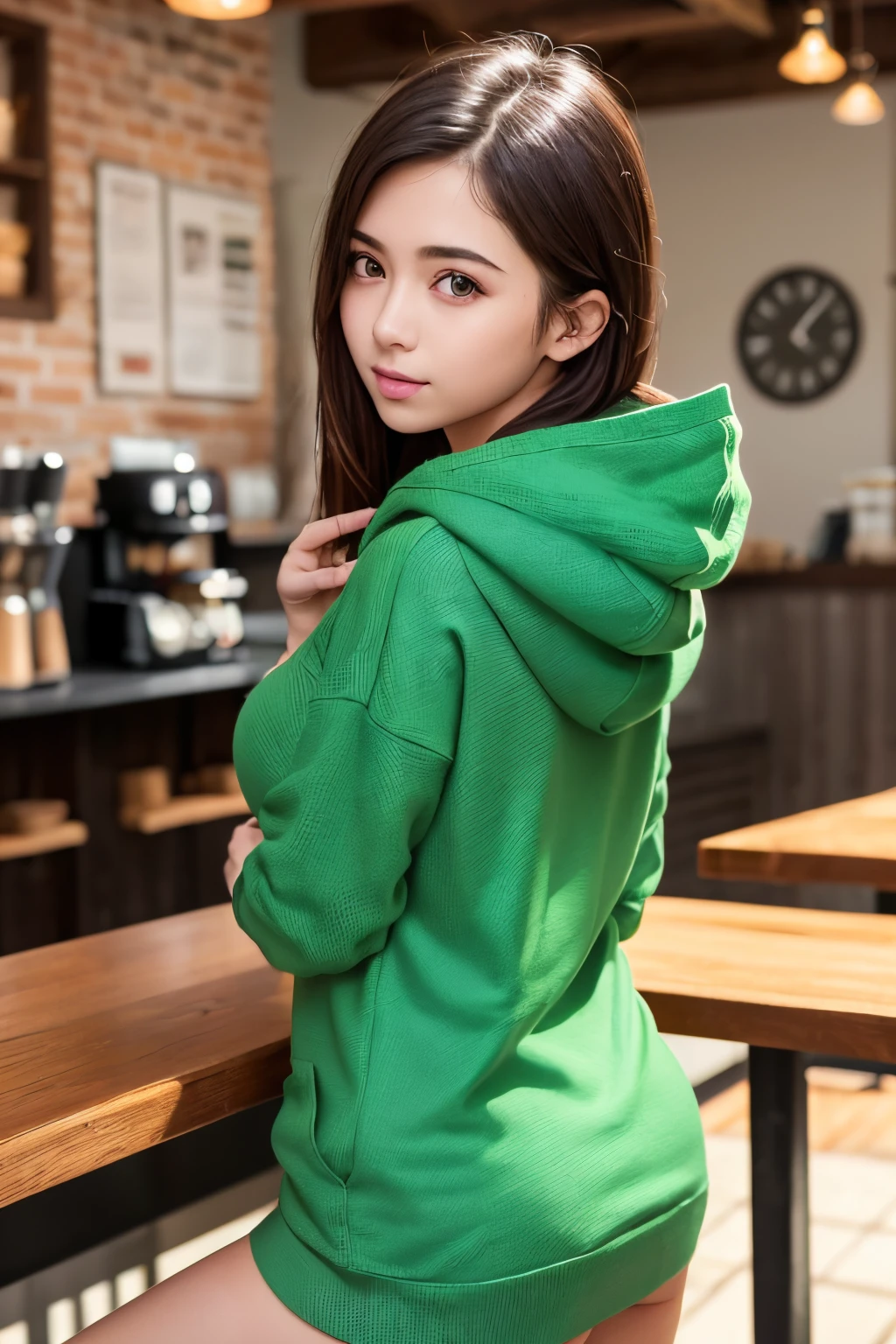 masterpiece, best quality, ultra realistic, hyper-detailed, 8k resolution, RAW photo, sharp focus, (girl in coffee shop), ((naked in green knitted hoodie:1.1)), perfect body, mature female, 18yo, cinematic light, cleavage (between breasts), leaning forward, back shot