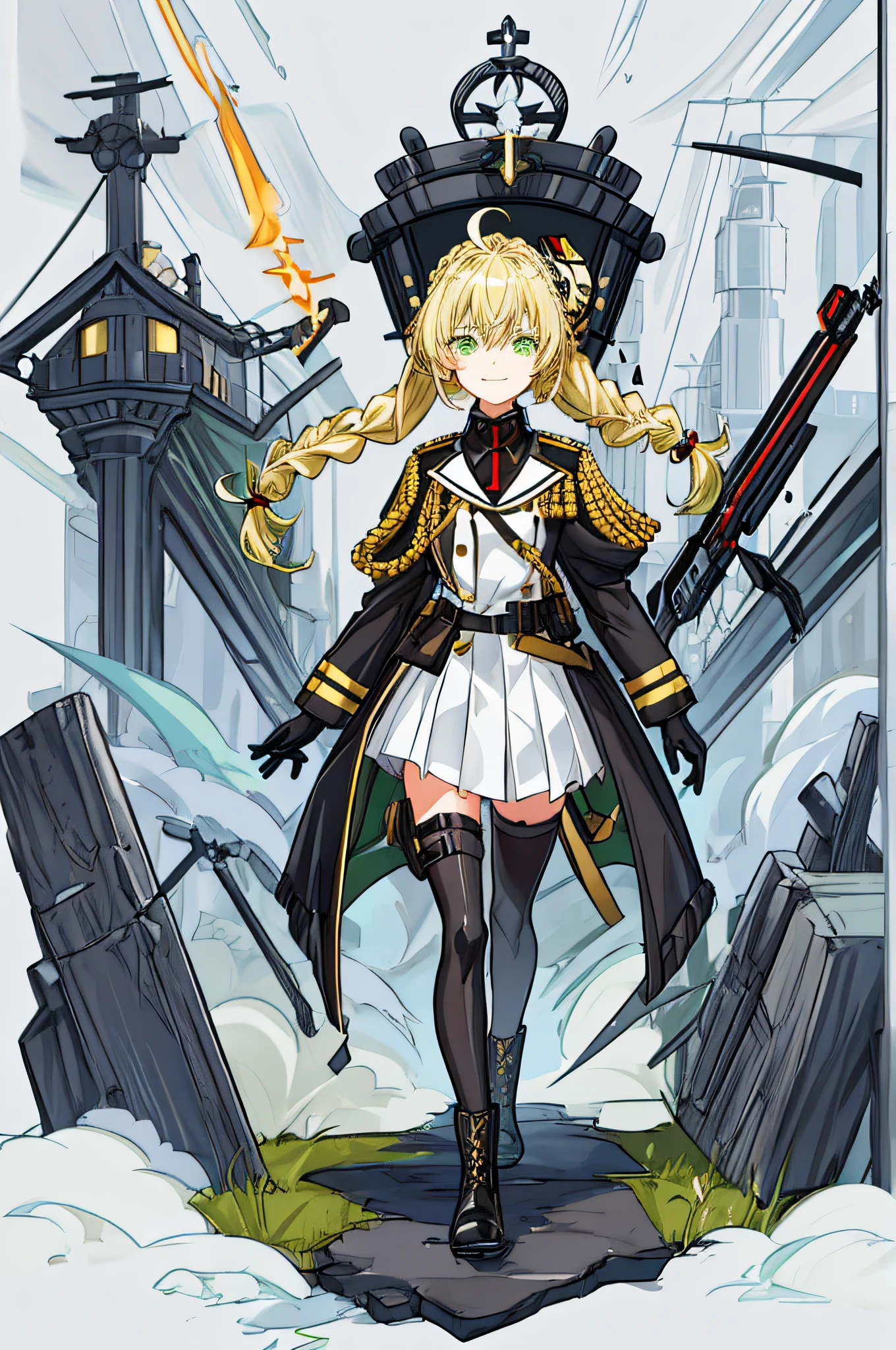 [(white Background:1.4)::5],Original,(Illustration:1.1),(Best Quality),(masutepiece:1.1),(the Extremely Detailed CG Unity 8K Wallpapers:1.1), (Colorful:0.9),(mid-shot:0.95),(very detailed beautiful full body),Dynamic Angle,(Solo:1.2), (girl),(((Adult))), (Detailed beautiful eyes:1.15), (Beautiful face:1.15), (glowing green eyes:1.25////),(jewely eyes),(golden medium hair),(braided bangs),(half updo),((The girl wore a black German military uniform)),realistic,petite, girl,blonde hair, disheveled hair, ahoge, Delicate facerain,black_gloves, military, boots, black Clothes, God Light,(furious),(evil smile),(Contempt and contempt),Furious,(Beautiful Slender Girl),((Adult)),((furious laugh)),((evil smile)),((full body)),war maiden decorations,