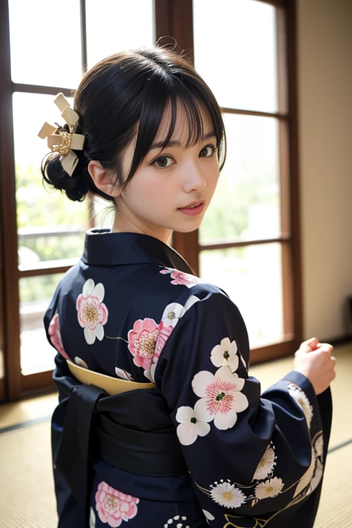 (masutepiece, Best Quality:1.4), Beautiful face, 8K, 85 mm, absurderes, ((FULL BODYSHOT:1.3))、((captured from behind:1.4))、((Japanese style room with futon))、(Floral pattern long-sleeved kimono:1.4), violaceaess, gardeniass, Delicate girl, Solo, Long bob hair、Night, Looking at Viewer, Upper body, Film grain, chromatic abberation, Sharp Focus, face lights, Professional Lighting, Sophisticated, (Smile:0.4), (Simple background, Bokeh background:1.2), Detail Face