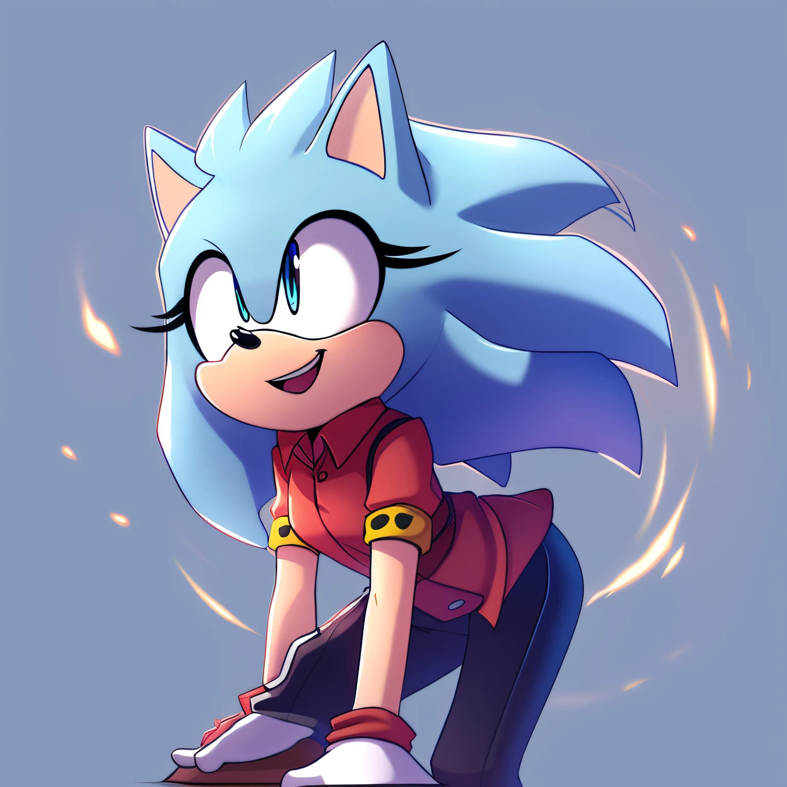 Mobian, female, Hedgehog,  light blue fur, large hair bang/side bang, (Sound-wave like energy), leaning forward, happy, smile, light blue irises with white pupils, (best quality, well detailed, perfect hands)