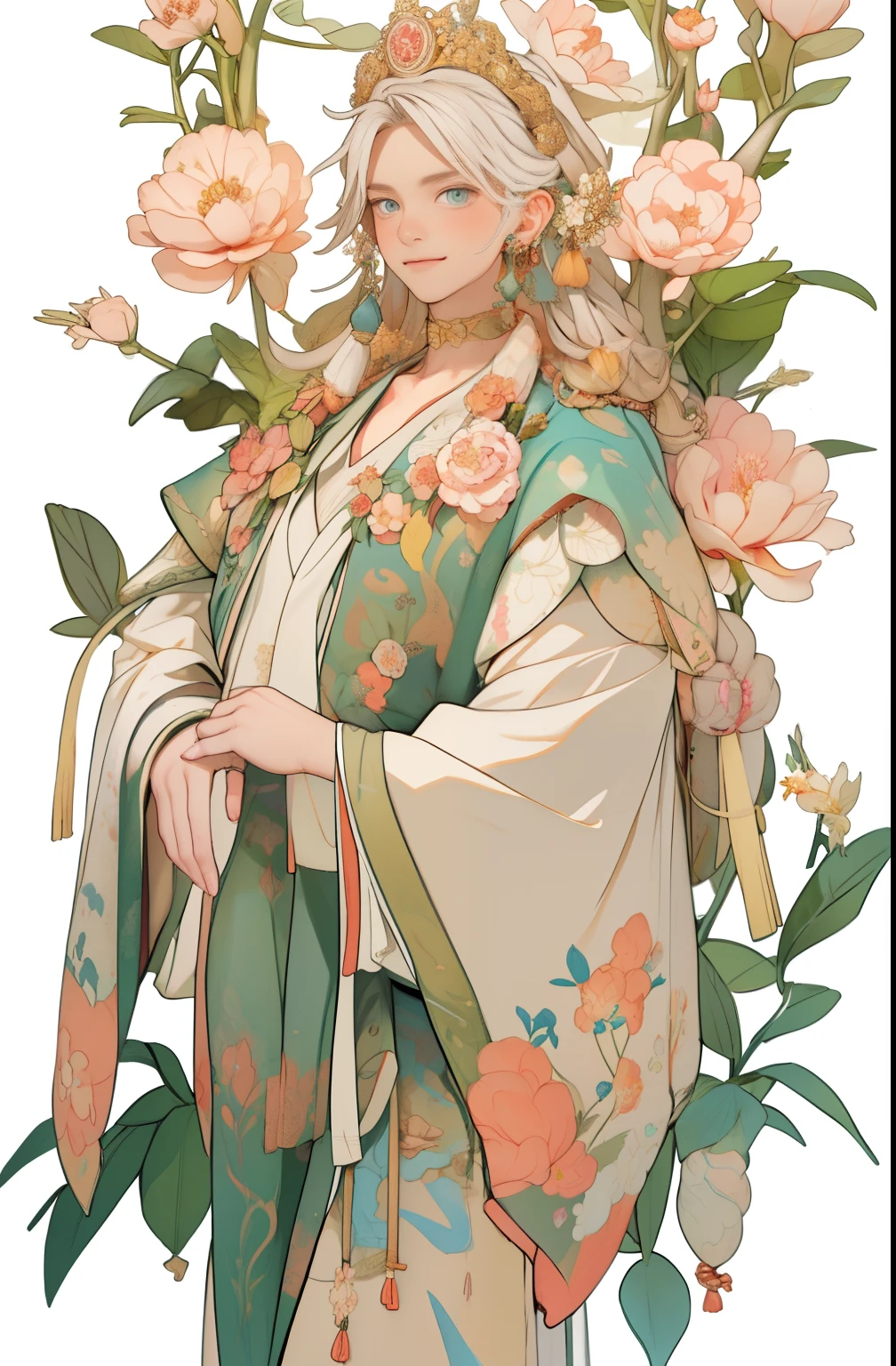 paint a decorative painting,little prince wearing a crown,3 years old boy,Childish face,Bright and harmonious colors,(Decorative painting:1.6),dressed in:Exquisite noble robe,Elaborate Eyes,delicated face,Big breasts, big breasts,Delicate earrings,simple backgound,Lots of flowers around,flowers blooming,A sea of flowers,(tangled,datura,Tangles,entangled), (s fractal art: 1.3),simple backgound,Upper part of the body,