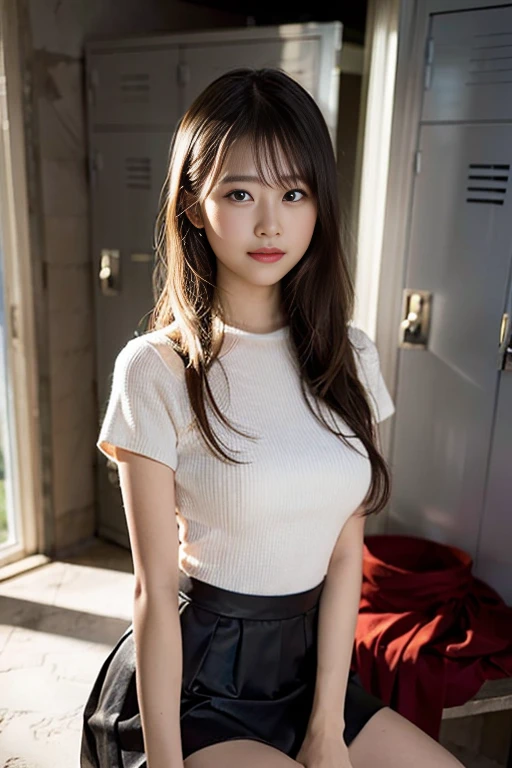 (8K、Raw photography、top-quality、masterpiece:1.2)、(realisitic、Photorealsitic:1.37)、ultra-detailliert、超A high resolution、Girl 18 years old、see the beholder、beautifull detailed face、Bright smile、Constriction、(Slim waist) :1.3)、Beautiful detailed skin、Skin Texture、Professional Lighting、huge tit、Beautiful valley、Sitting on a bench、((Coordinates、burberry miniskirt、knee high))Long straight hair with a silky shine、((inside in room、dress room、Locker background))