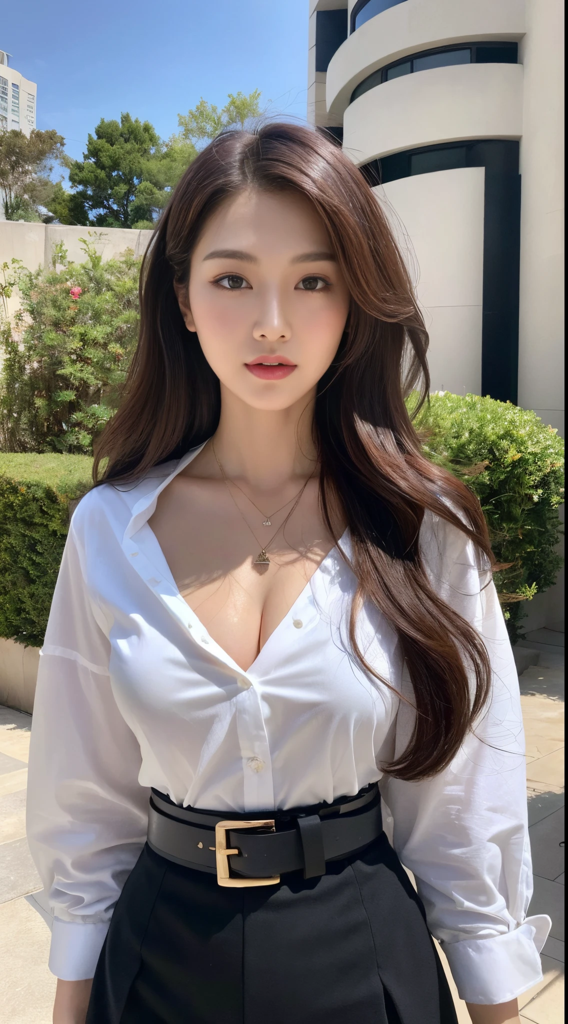 NSFW、highest quality、High resolution、8K、Girl 1 Mature Mature Mature Woman Person、during the day、、black haired、shortcut、light shines、luxury、(medium hair)、beautiful earrings、(dynamic pose:0.8)、(whole body:1.2)、Wind、shiny skin、vision、bust、perfect shiny skin,perfect skin,((erotic,sexy and sexually explicit)),((Accurate needle with no discomfort)), big and full breasts,big breasts thin waist,sexy,office lady、skirt lift、grab someone else&#39;s chest、1 boy