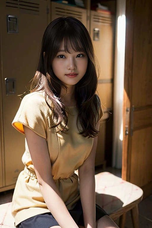(8K、Raw photography、top-quality、masterpiece:1.2)、(realisitic、Photorealsitic:1.37)、ultra-detailliert、超A high resolution、Girl 18 years old、see the beholder、beautifull detailed face、Bright smile、Constriction、(Slim waist) :1.3)、Beautiful detailed skin、Skin Texture、Professional Lighting、huge tit、Beautiful valley、Sitting on a bench、((Autumn Outfit、burberry miniskirt、knee high))Long straight hair with a silky shine、((inside in room、dress room、Locker background))