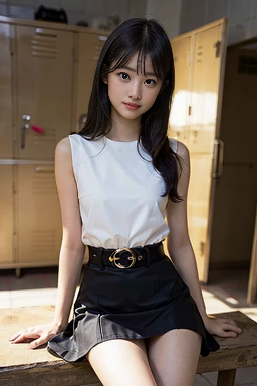 (8K、Raw photography、top-quality、​masterpiece:1.2)、(realisitic、Photorealsitic:1.37)、ultra-detailliert、超A high resolution、Girl 18 years old、see the beholder、beautifull detailed face、Bright smile、Constriction、(Slim waist) :1.3)、Beautiful detailed skin、Skin Texture、Professional Lighting、huge tit、Beautiful valley、Sitting on a bench、((Autumn Outfit、burberry miniskirt、knee high))Long straight hair with a silky shine、((inside in room、dress room、Locker background))