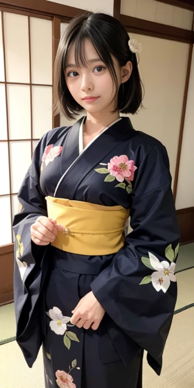 (masutepiece, Best Quality:1.4), Beautiful face, 8K, 85 mm, absurderes, ((FULL BODYSHOT:1.3))、((traditional Japanese room、With futon))、(Floral pattern long-sleeved kimono:1.4), violaceaess, gardeniass, Delicate girl, Solo, layered haircut style、Night, Looking at Viewer, Upper body, Film grain, chromatic abberation, Sharp Focus, face lights, Professional Lighting, Sophisticated, (Smile:0.4), (Simple background, Bokeh background:1.2), Detail Face