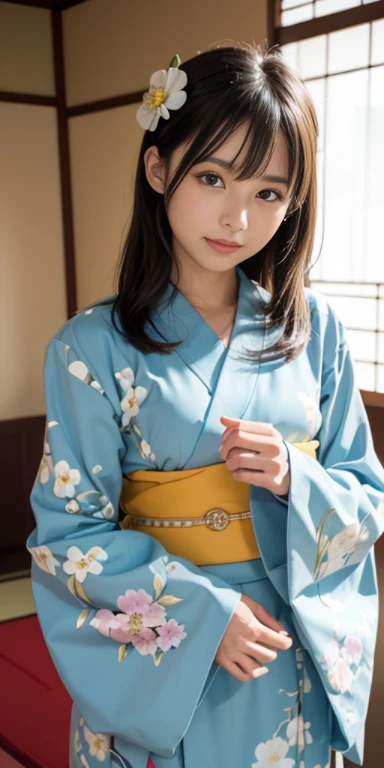 A beautiful girl in a yukata is dancing in the countryside
