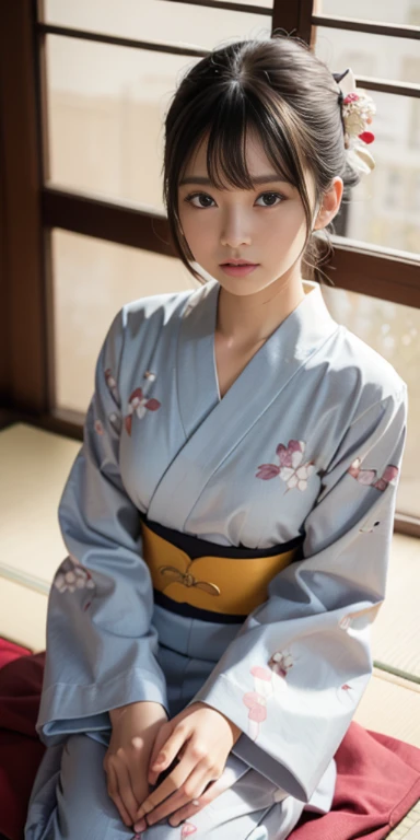 (masutepiece, Best Quality:1.4), Beautiful face, 8K, 85 mm, absurderes, ((FULL BODYSHOT:1.3))、((traditional Japanese room、With futon))、(floral pattern yukata:1.4), violaceaess, gardeniass, Delicate girl, Solo, layered haircut style、Night, Looking at Viewer, Upper body, Film grain, chromatic abberation, Sharp Focus, face lights, Professional Lighting, Sophisticated, (Smile:0.4), (Simple background, Bokeh background:1.2), Detail Face