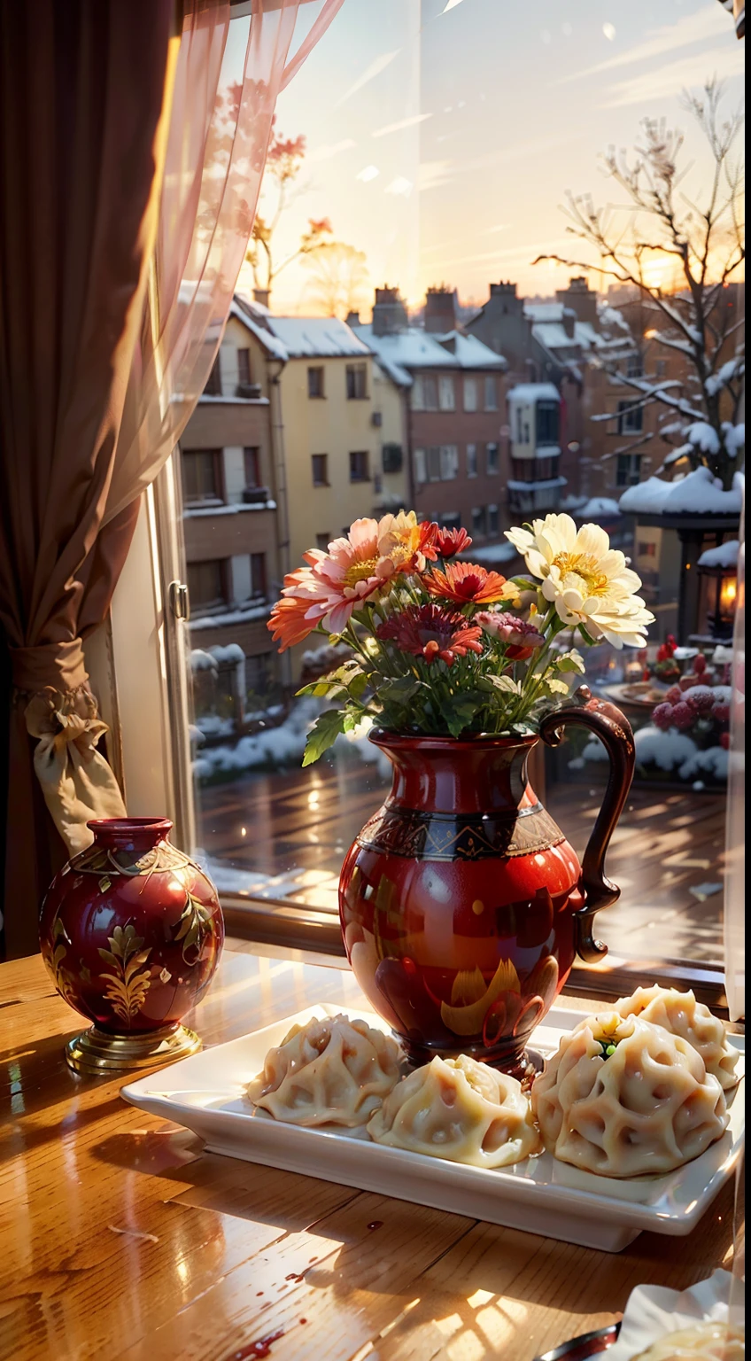 Extreme closeup,Scavenging,tmasterpiece,Riman,((Dumplings on the table)), claret,Red wine glasses,fruit platter,Beautiful vase with chrysanthemums,Bright natural light,It's already winter outside the window,Translucent curtains,in a pub,c4d,Empty product display scene,Positive point of view,first person perspective
