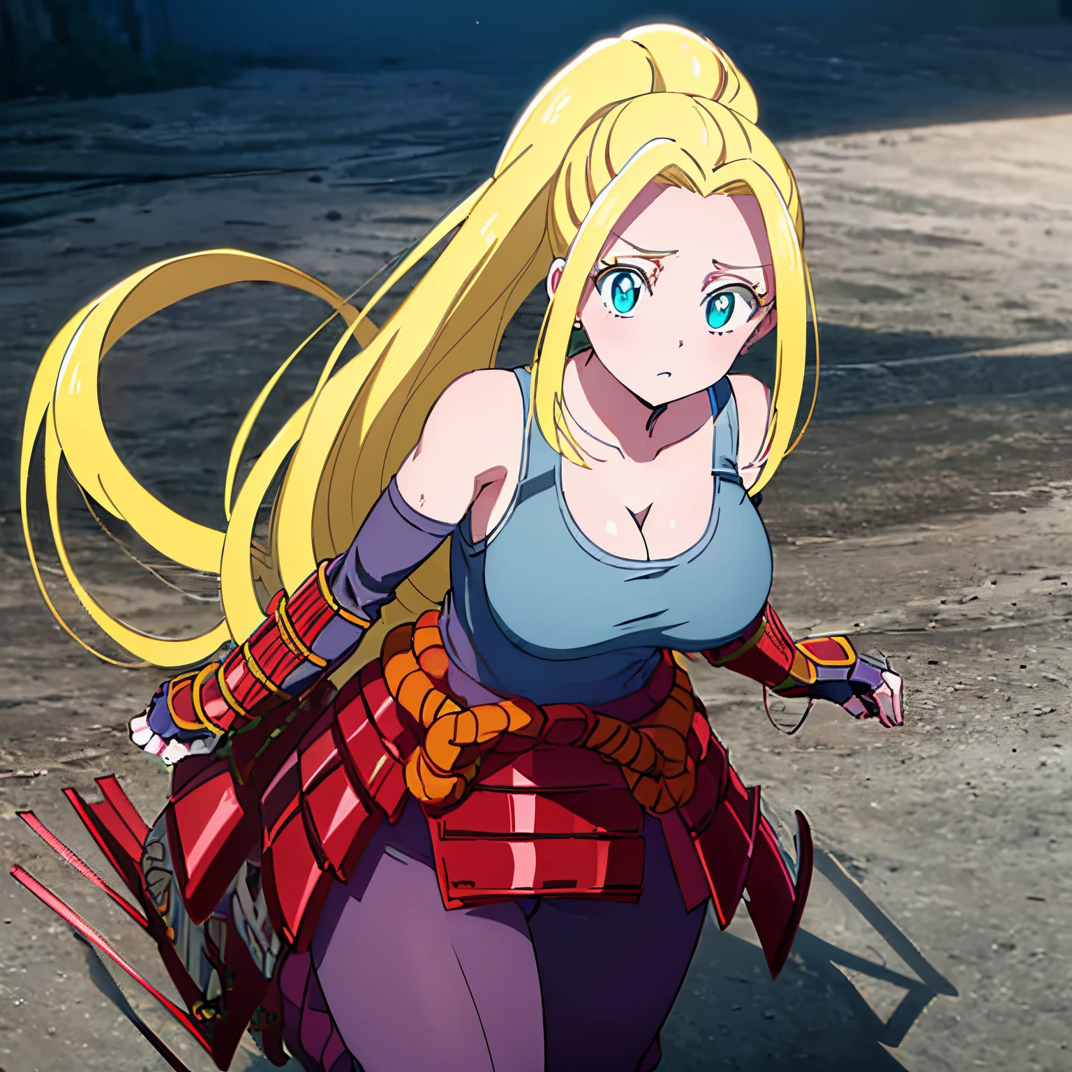 1girl,alone, beatrix amerhauser, long hair, blue eyes, blonde hair, gloves, ponytail, (huge tits), (medium waist), (wide hips), (wide thighs), gloves, fingerless gloves, armor, Japanese armor, tank top, white tank top, cleavage, collarbone, looking at viewer, outdoors, (masterpiece: 1.2), best quality, high resolution, Unity 8k wallpaper, (artwork: 0.8), ( beautiful detailed eyes: 1.6), extremely detailed face, perfect lighting, extremely detailed CG (perfect hands, perfect anatomy), (full body), (busty)