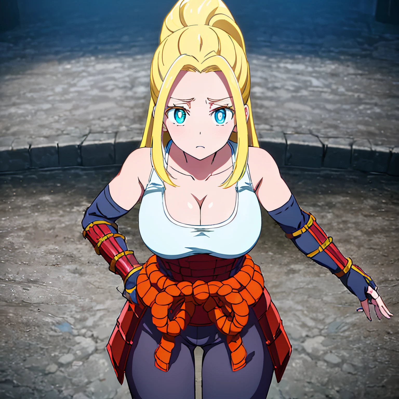 1girl,alone, beatrix amerhauser, long hair, blue eyes, blonde hair, gloves, ponytail, (huge tits), (medium waist), (wide hips), (wide thighs), gloves, fingerless gloves, armor, Japanese armor, tank top, white tank top, cleavage, collarbone, looking at viewer, outdoors, (masterpiece: 1.2), best quality, high resolution, Unity 8k wallpaper, (artwork: 0.8), ( beautiful detailed eyes: 1.6), extremely detailed face, perfect lighting, extremely detailed CG (perfect hands, perfect anatomy), (full body), (busty)